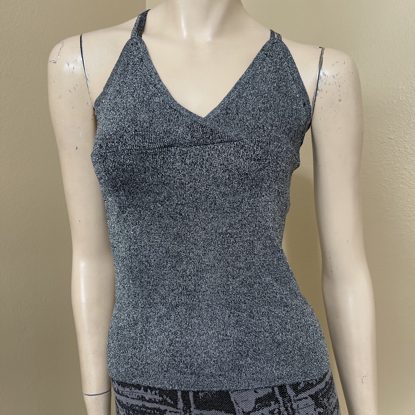 Women’s Black Silver Glitter Rayon Casual Open Stretch Metal Ring Size L Blouse