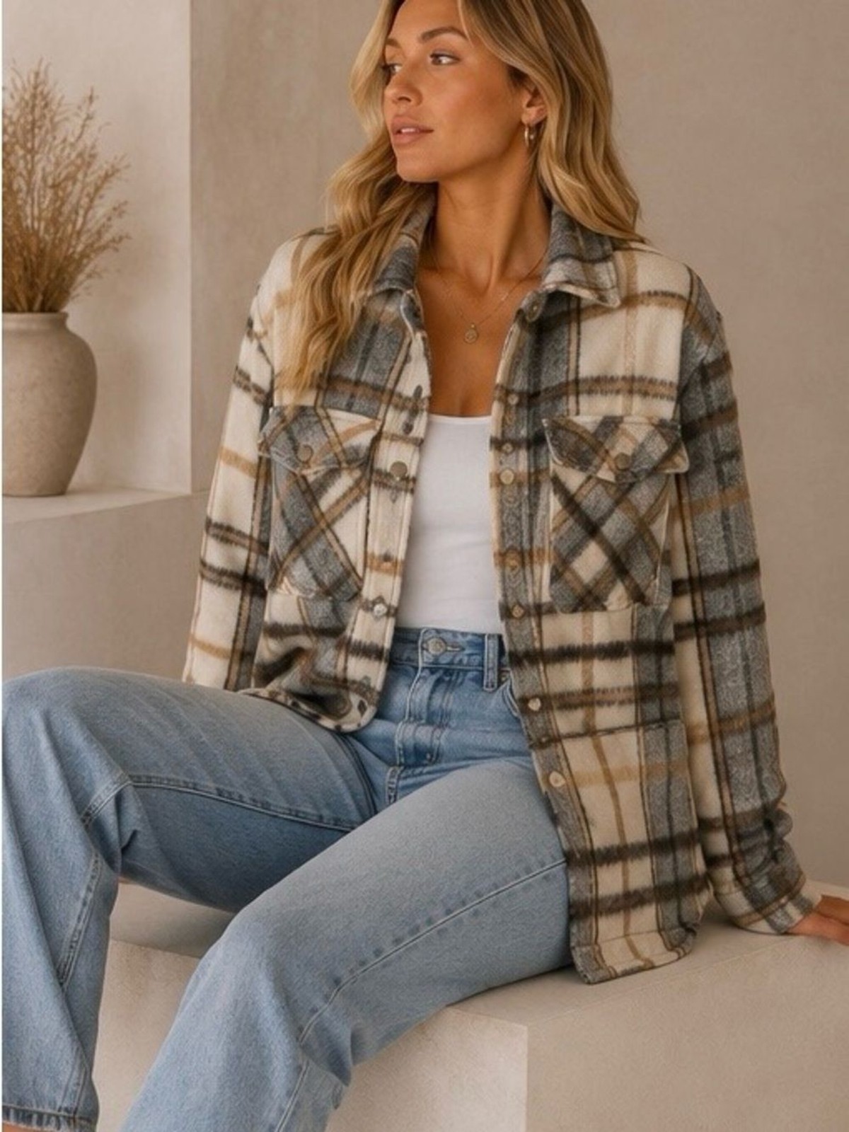 Zara Neutral Plaid Oversized Shacket Jacket Cream Gray Tan XS