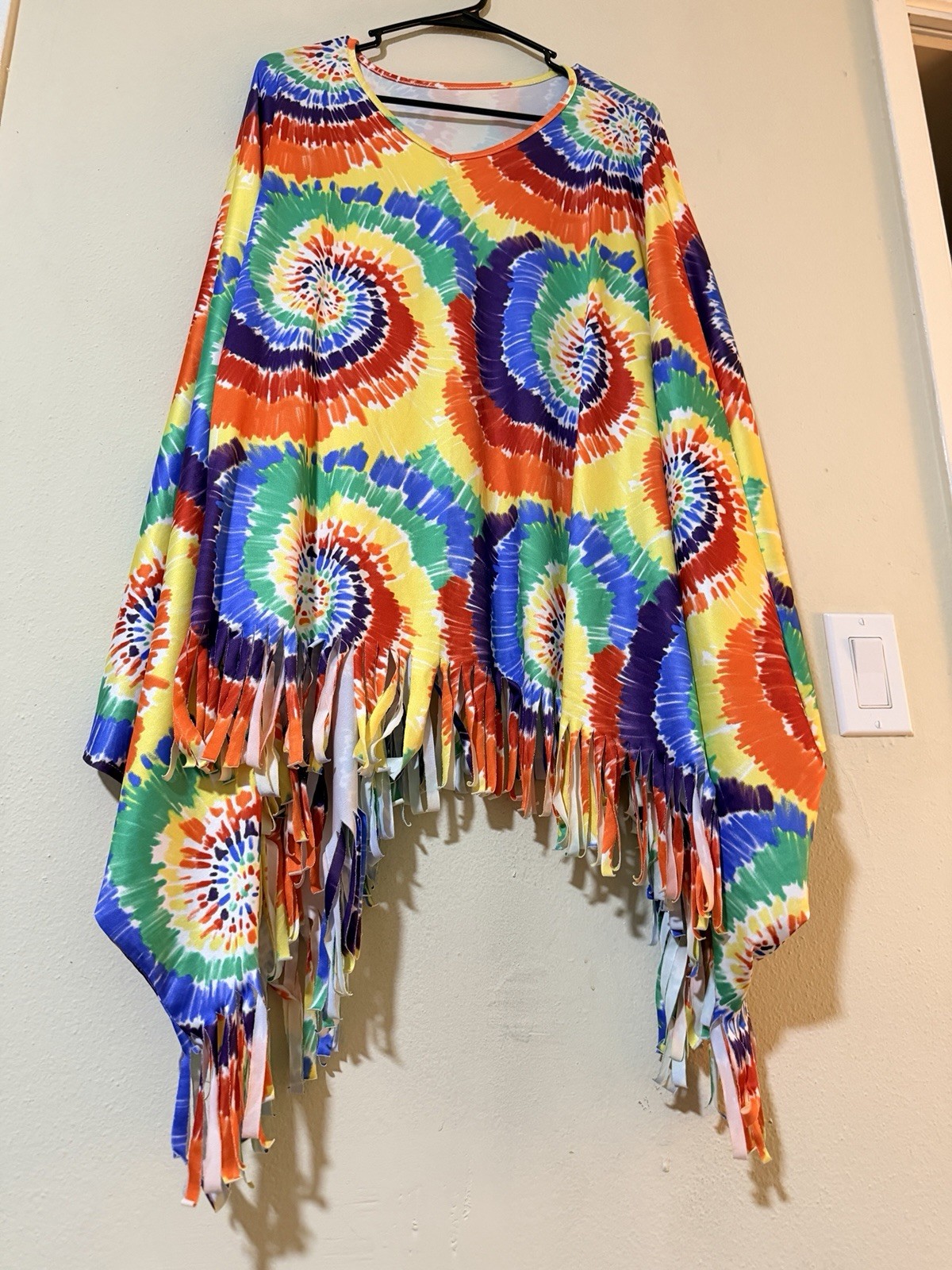 Women’s Multicolor Tie-Dye Fringe Poncho One Size Oversized Kimono Sleeve