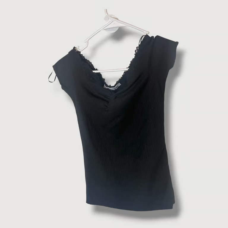 Ole by Koton Black Lace Trim Ribbed Knit Tee Shirt Juniors Small