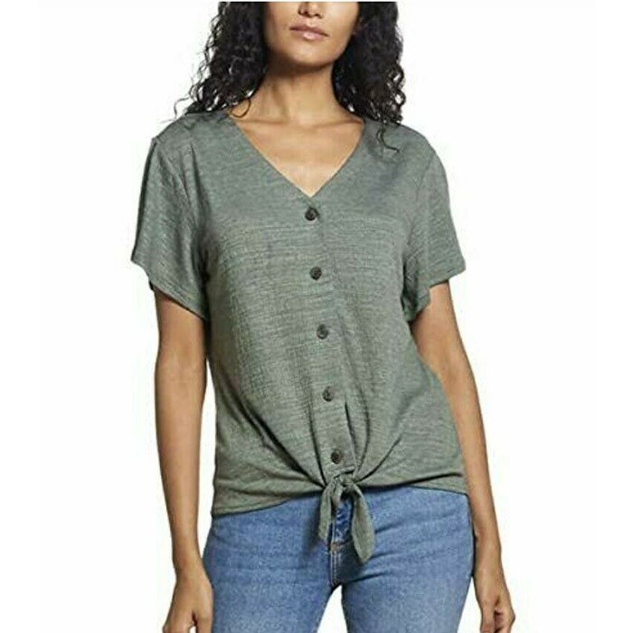 Weatherproof Vintage Women’s Top Blouse Button Front V Neck Tie Waist