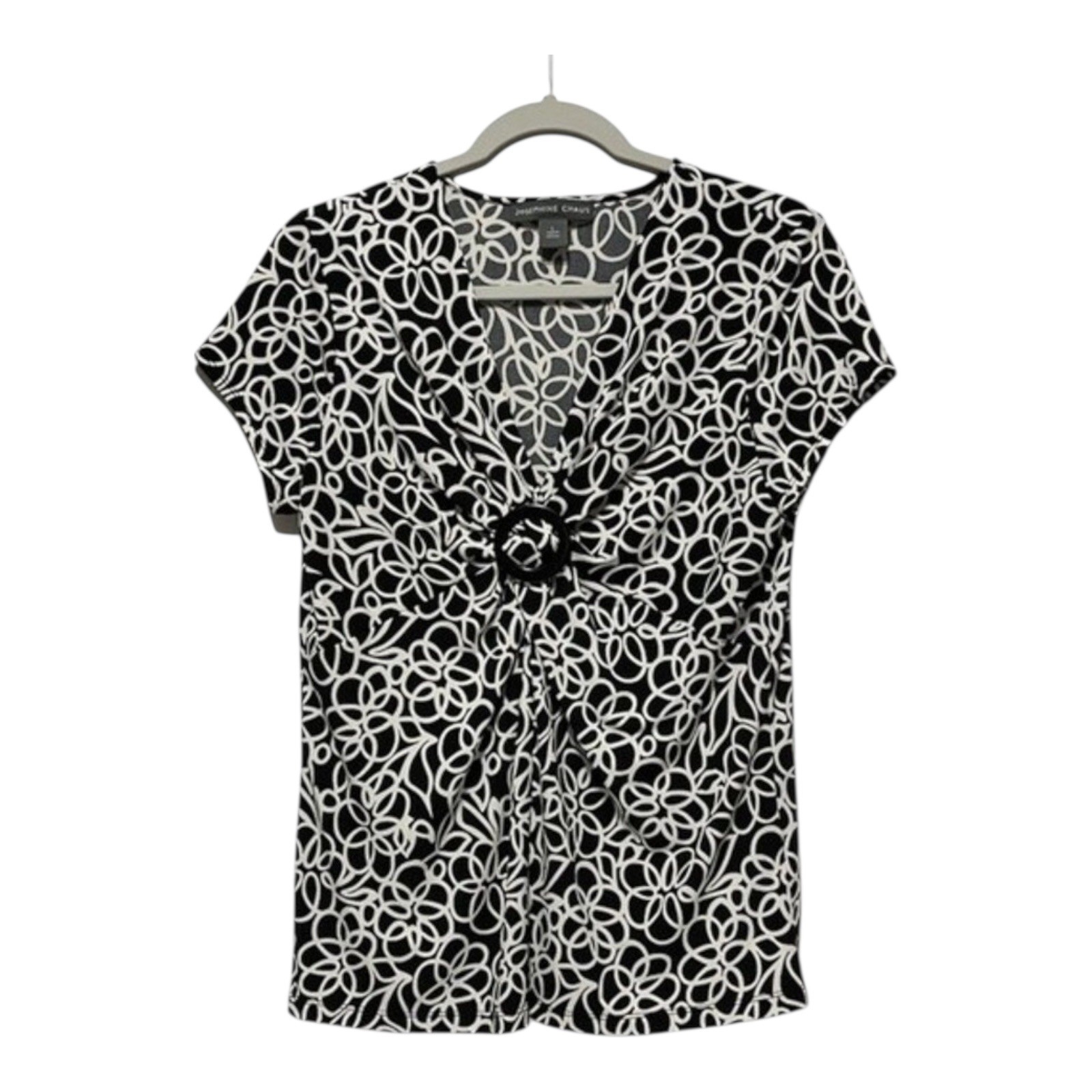 Josephine Chaus Womens Black White Floral Swirl O-Ring V-Neck Blouse Top Large