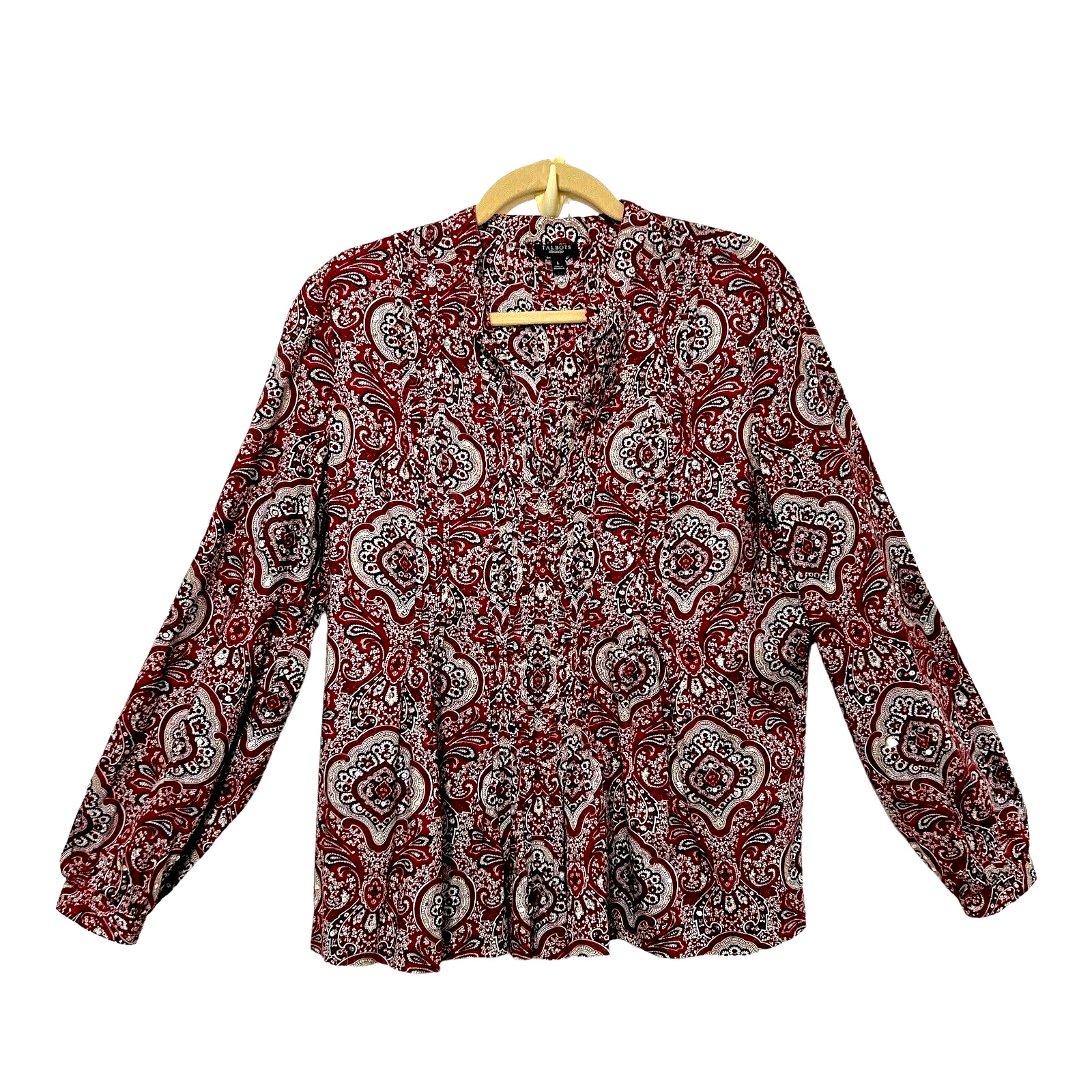 Talbots Pullover Top Blouse L Red Paisley Bandana Print Sequins Pintuck NEW