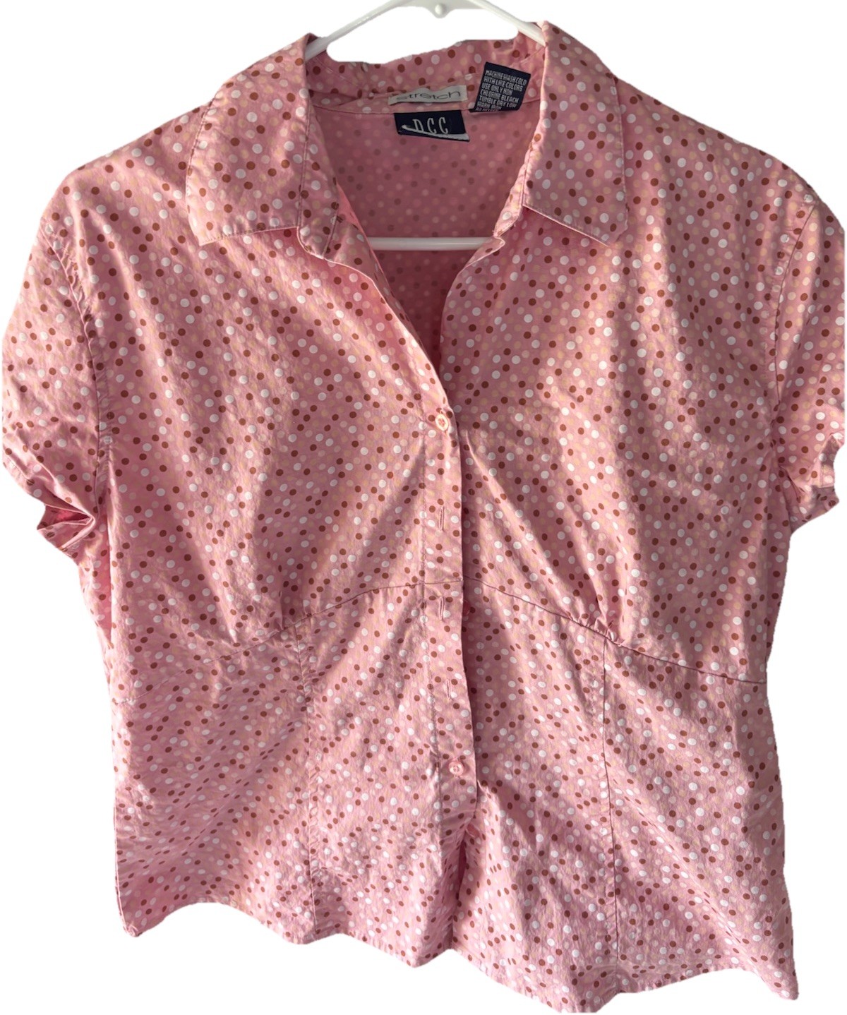 DCC MISSY STRETCH PINK & WHITE Polka Dots PATTERN BUTTON-UP BLOUSE, XLG Woman