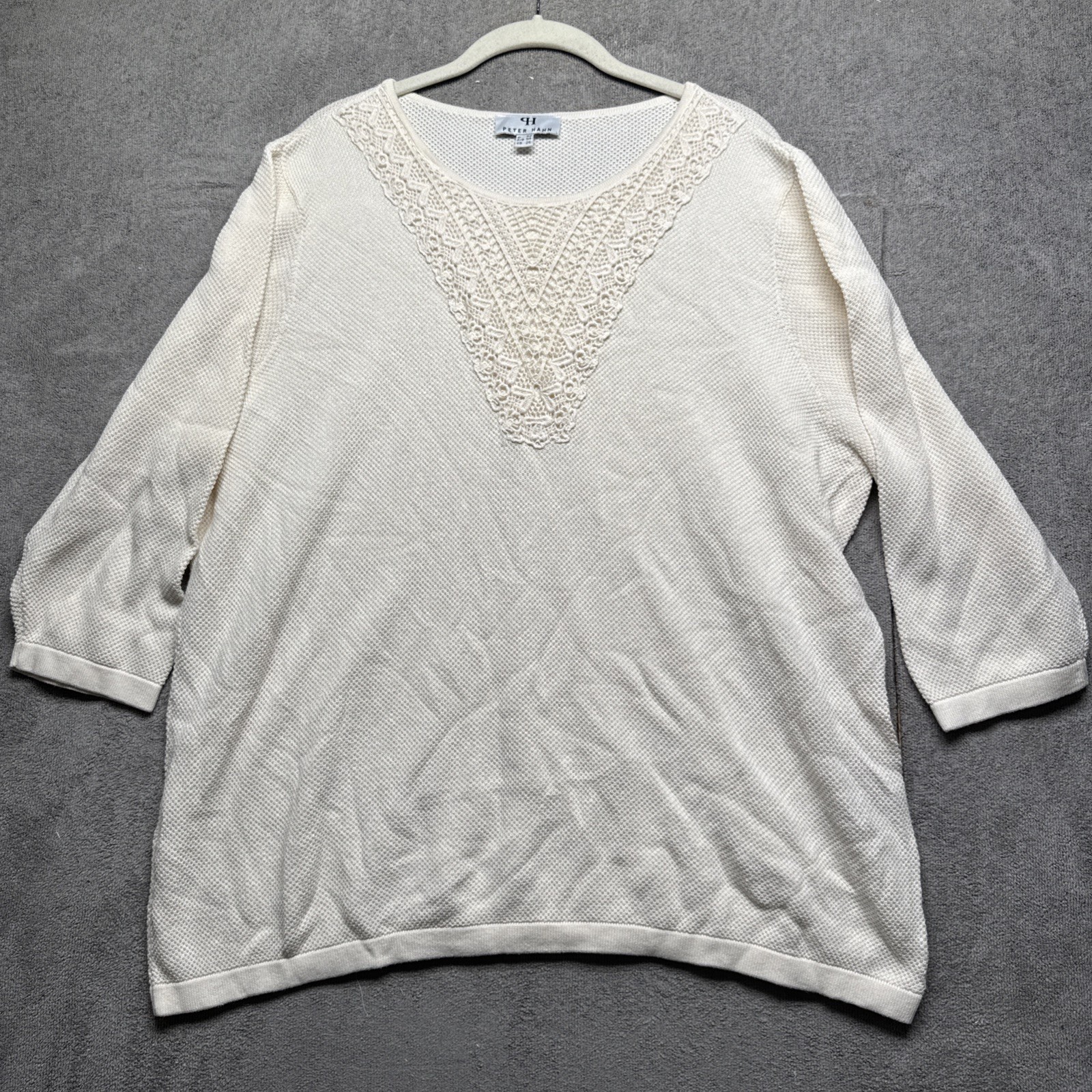 Peter Hahn Ivory Supima Cotton Knit Top Lace Detail Women’s Size XL 52