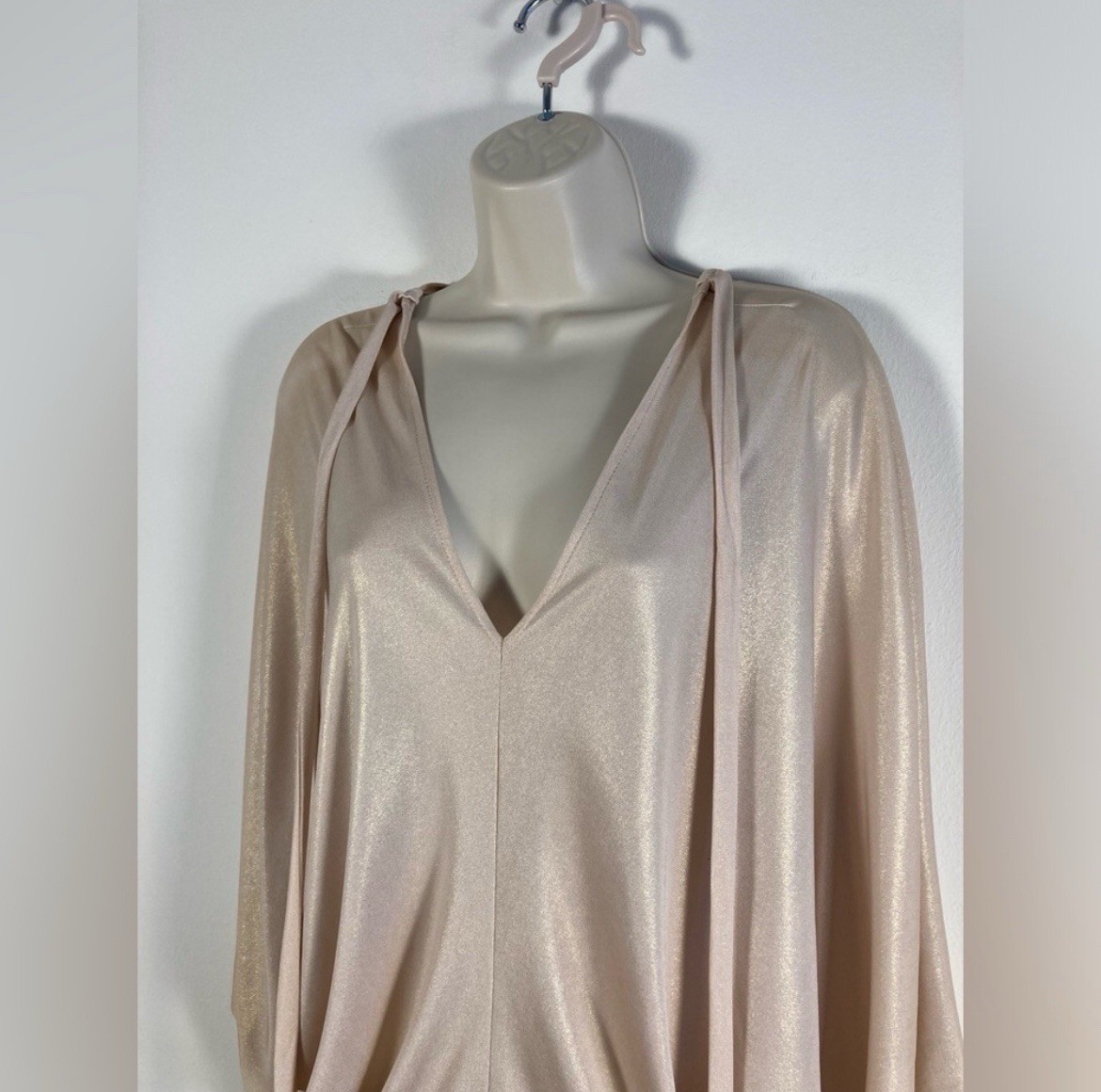 Julian Chang Tunic Top XL Champagne Gold Shimmer Tasseled Tie Cocktail Old Money