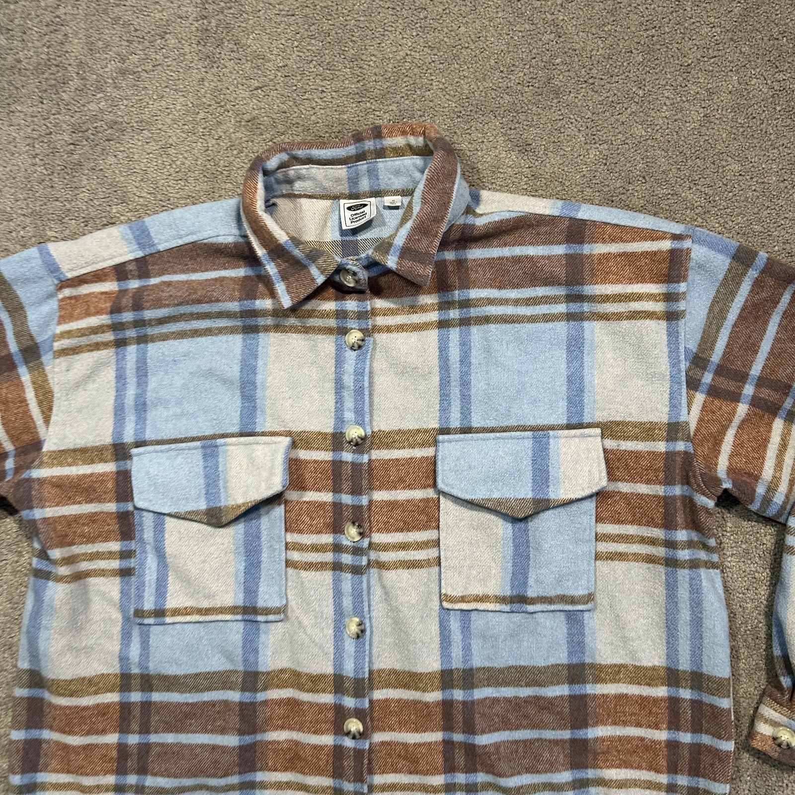 Ford Shirt Womens XL Blue Brown Tartan Plaid Flannel Bronco 80s Wool Heavy