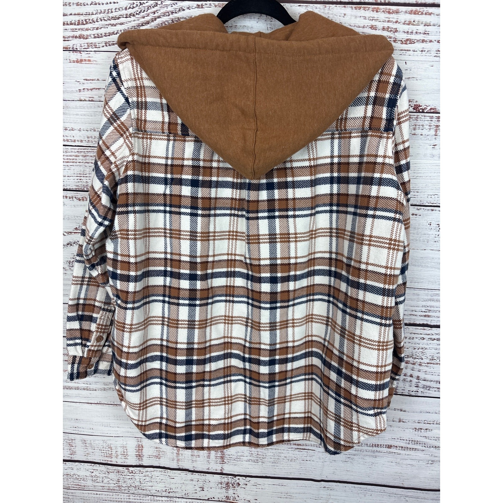 American Eagle Brown Black Plaid Hooded Flannel Button Up Shacket Shirt Womens M