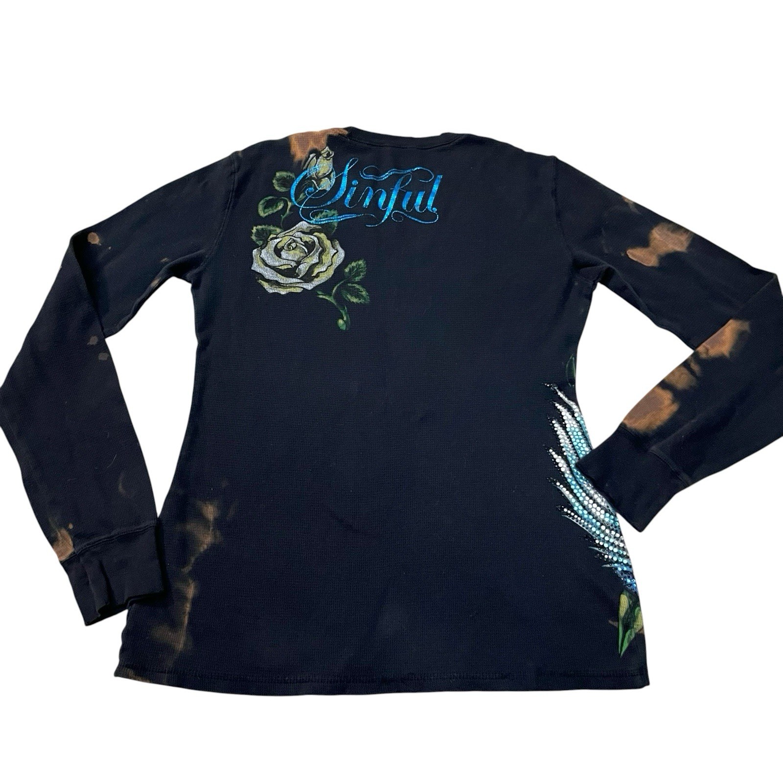 Sinful By Affliction Rhinestone Thermal Tshirt XL Bird Floral Bleached Y2K Bling