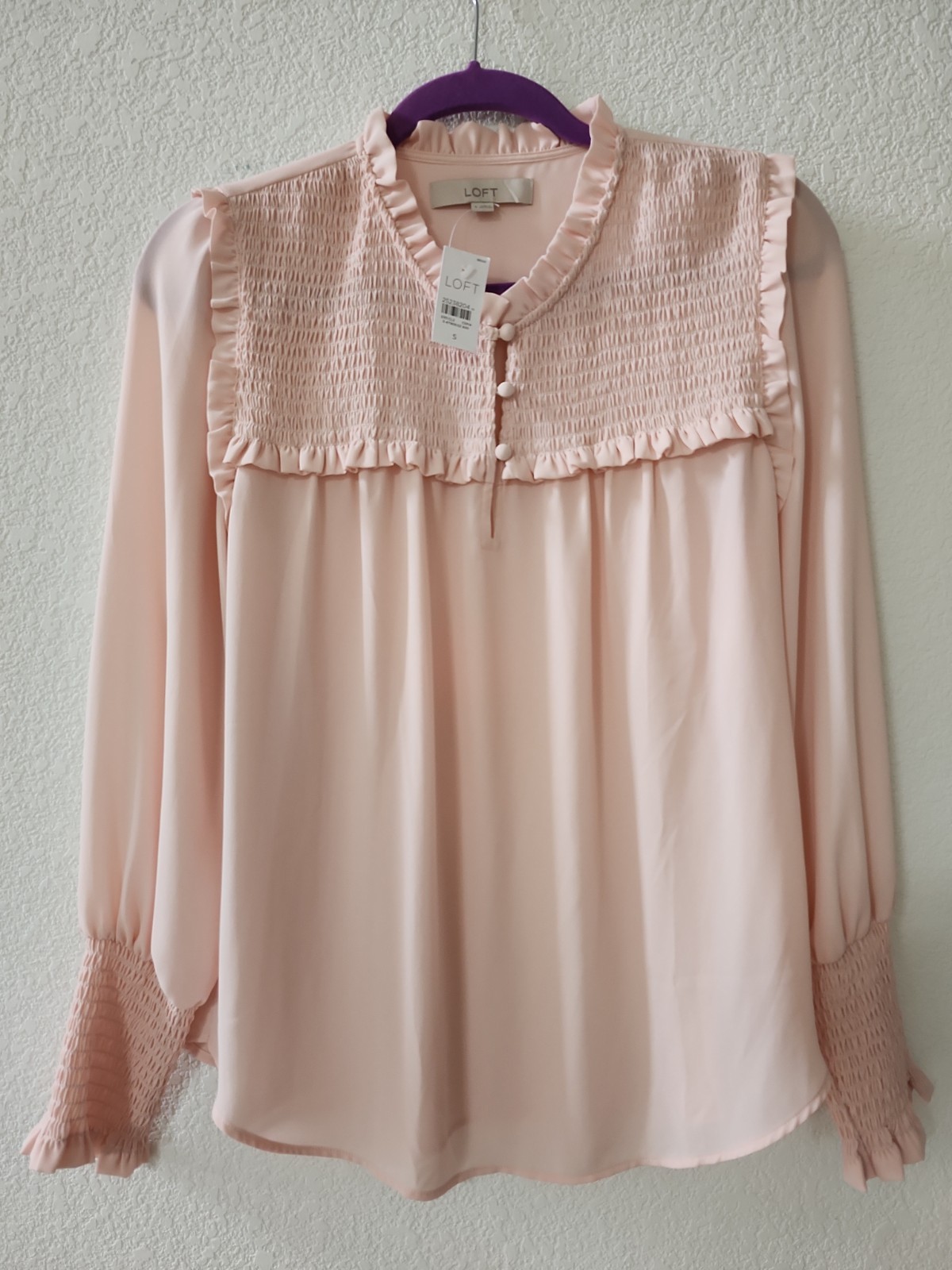 Loft Pale Pink Smocked Long Sleeve Ruffle Button Up Blouse Top Small NWT