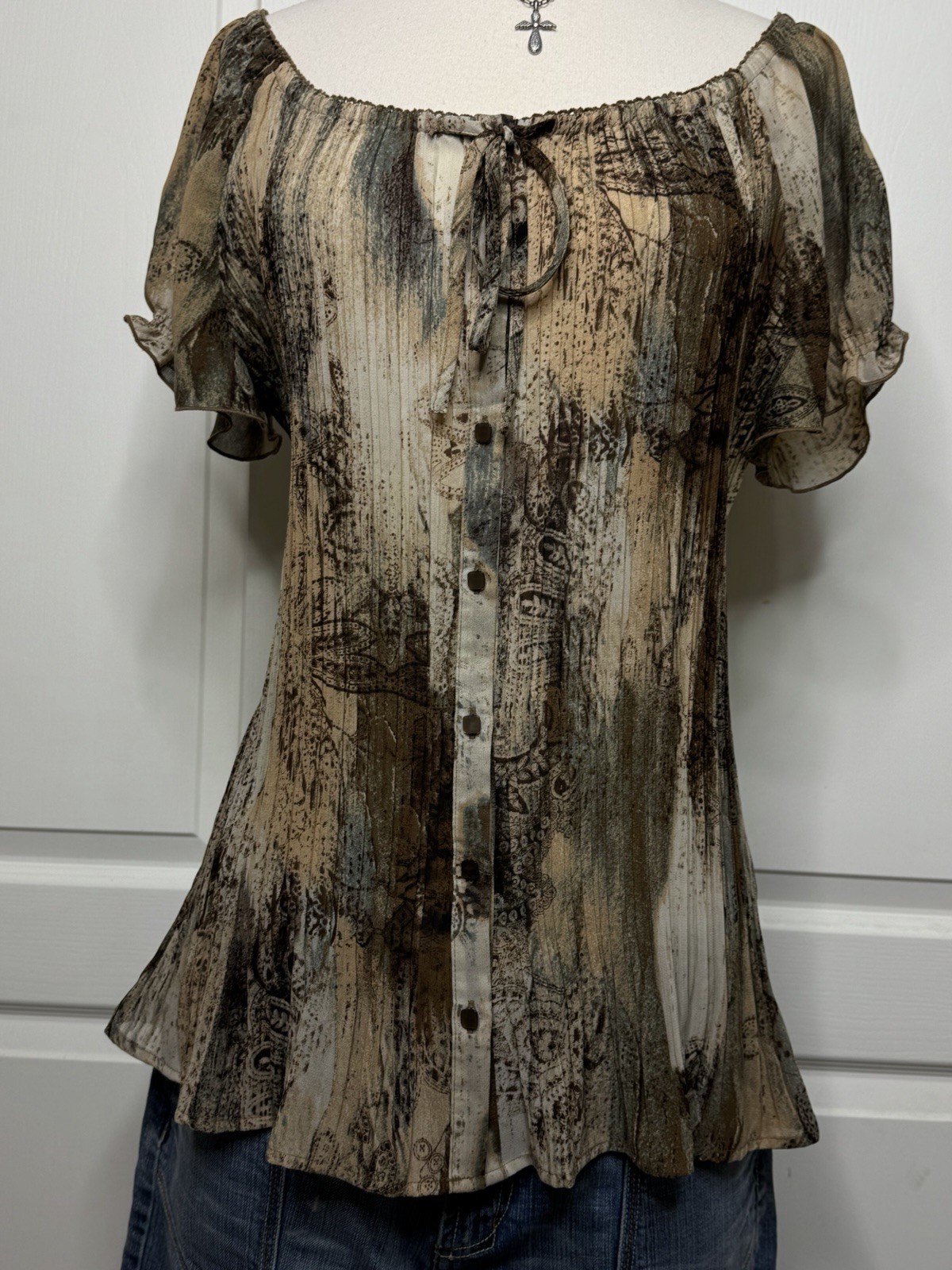dressbarn Women’s Abstract Multicolor Button Front Square Neck Blouse XL