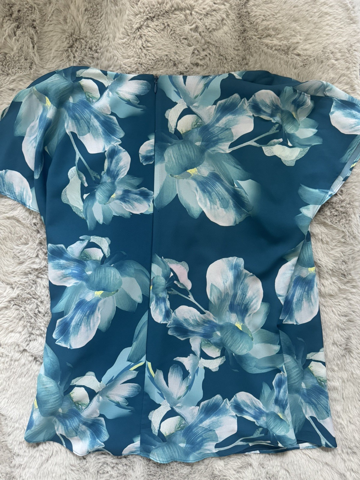 Jacques Vert Floral Top NWT Size 12 Teal Blue Ruffle V-Neck Smart Wedding Guest