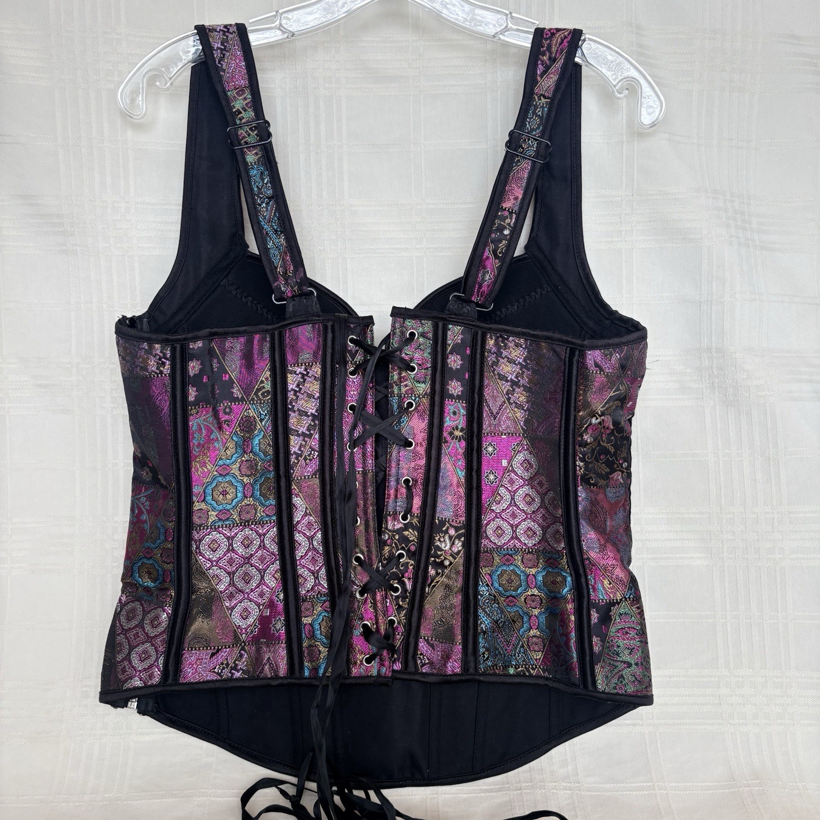 Brocade Patchwork Lace Up Corset Bustier Top w/Black Boning in Purple & Teal 2XL