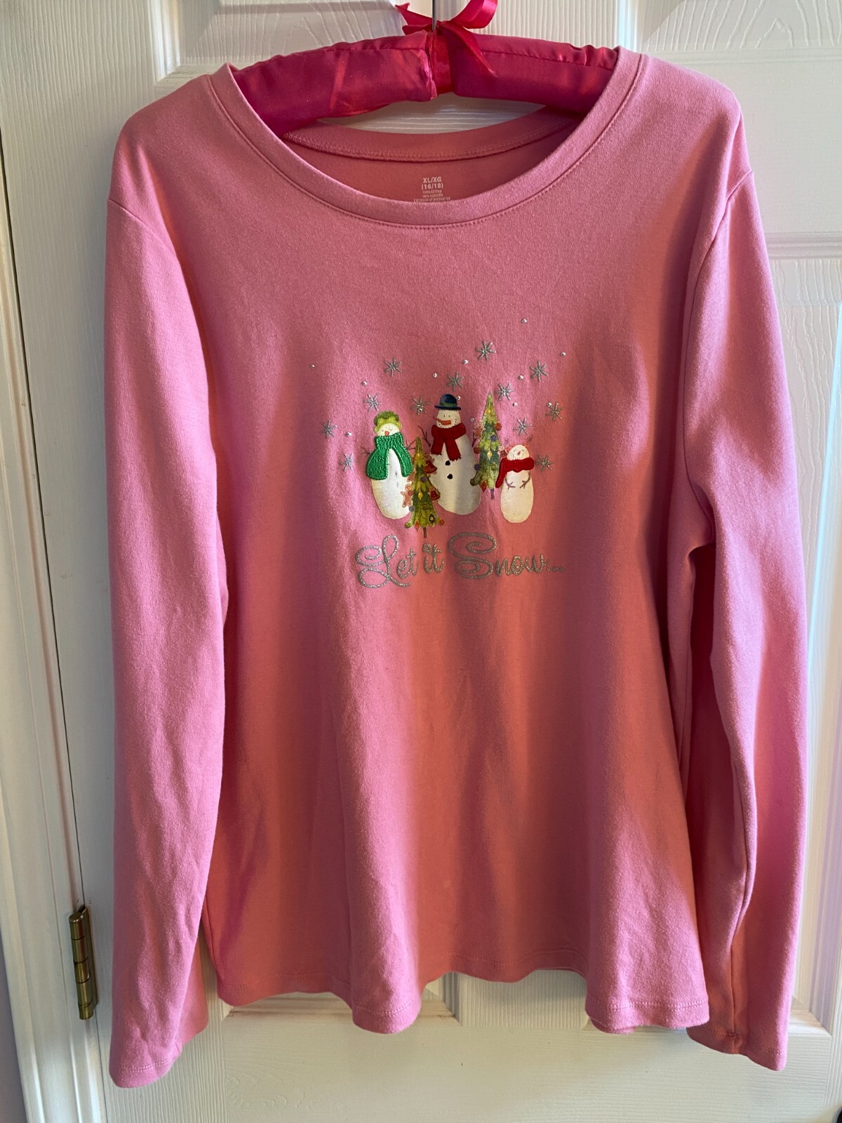 Christmas Yule Blouse Top Cotton Jersey Snowmen “Let It Snow” Pink XL EUC R393