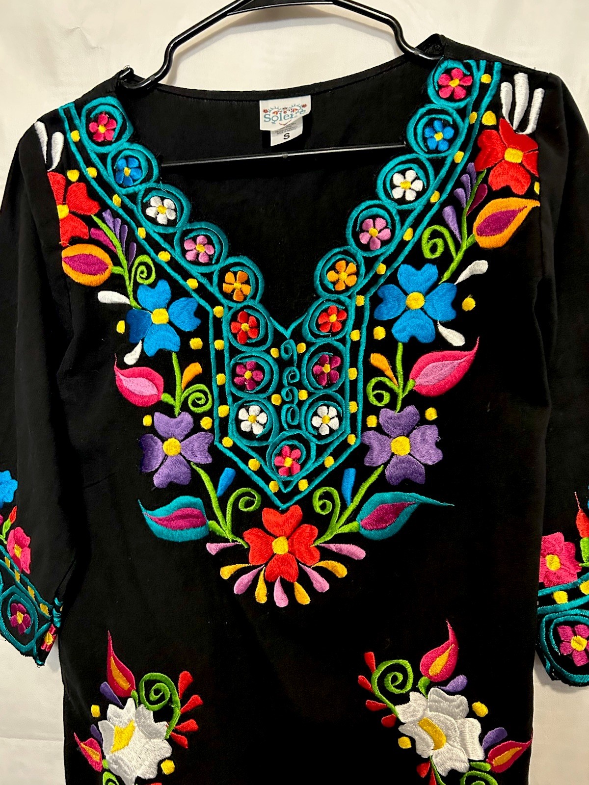 Solei Top S Black Mexican Embroidered Peasant Blouse Boho Hippie Festival Shirt