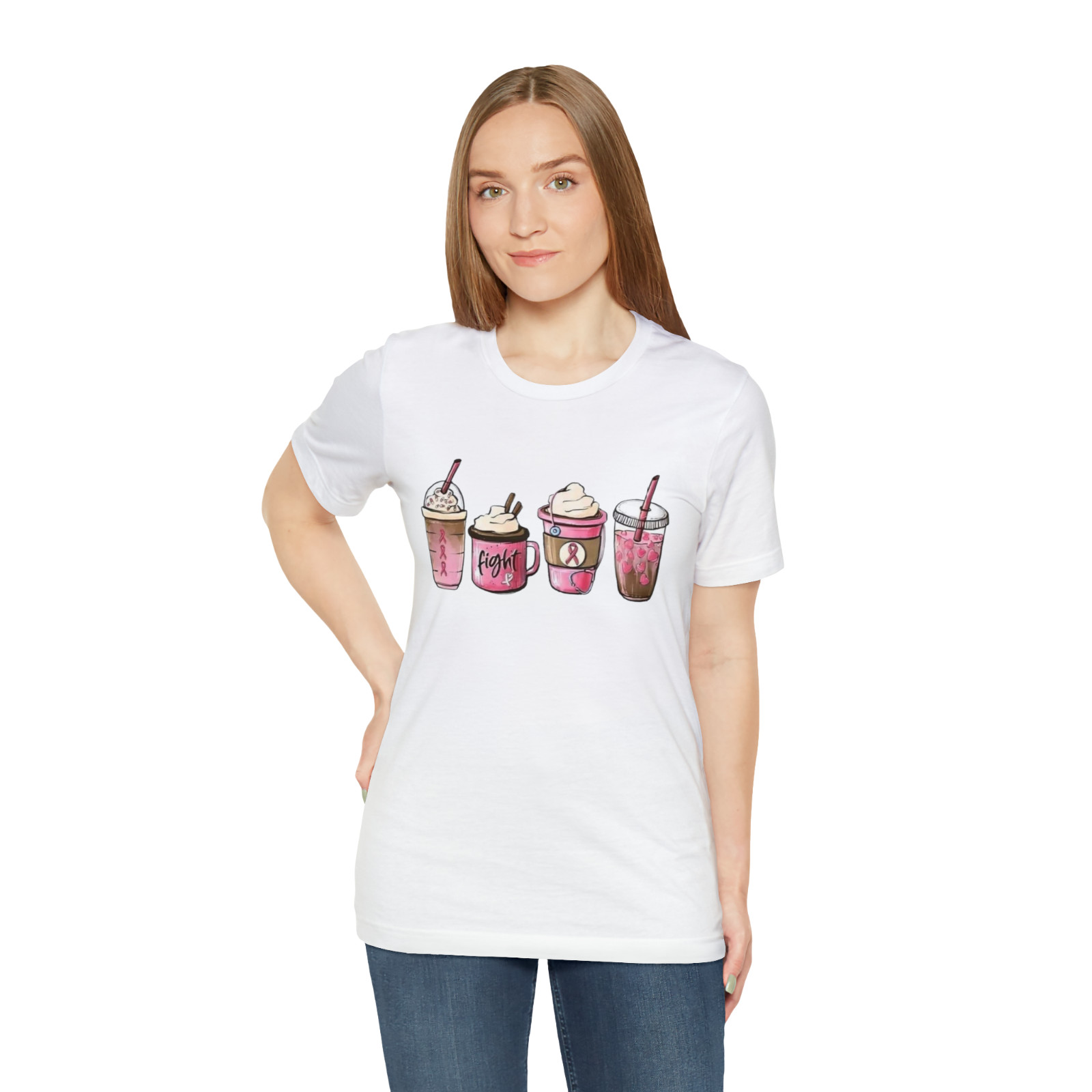 Women’s Breast Cancer Awareness Latte Coffee Pink Ribbon Shirt White Medium