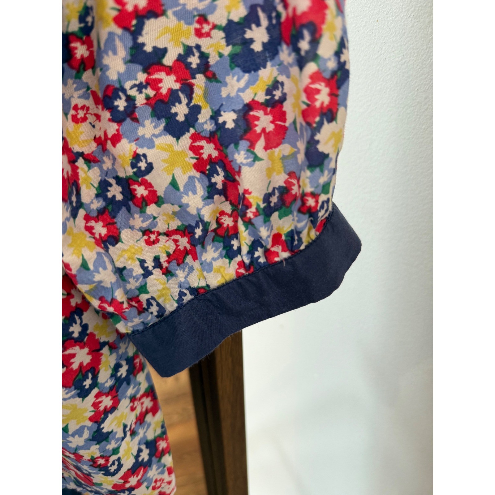 Creme Fraiche Silk Cotton Floral Smocked Blouse Red Blue Yellow Womens Medium