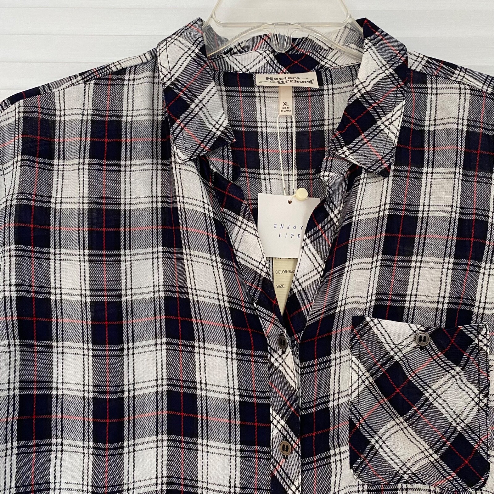 Hester & Orchard Black~White~Red Button Up Shirt Roll Tab Sleeve Size XL NWT