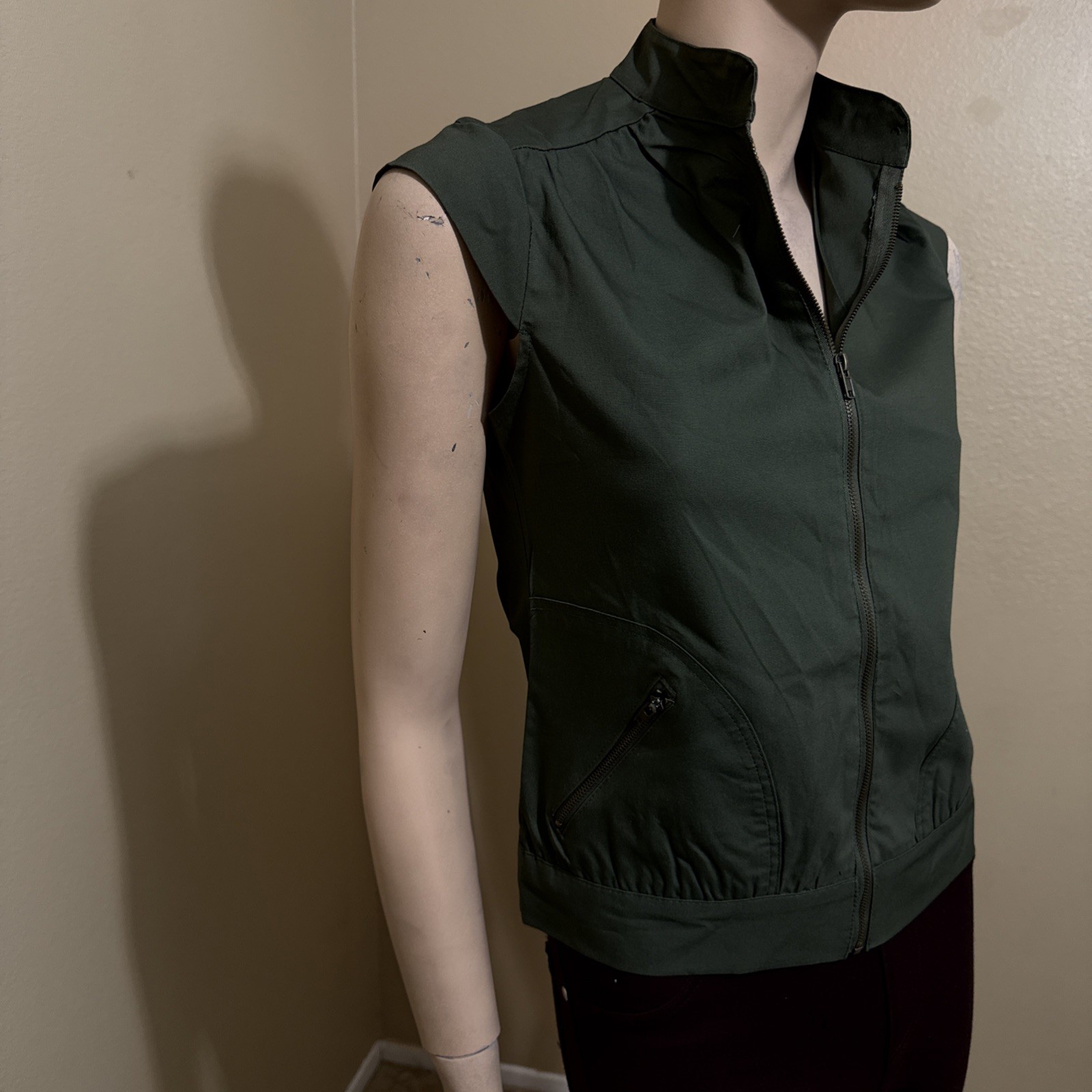 Women’s Forest Green Cotton Casual Stretch Unlined Zipper Size S Blouse Top Vest