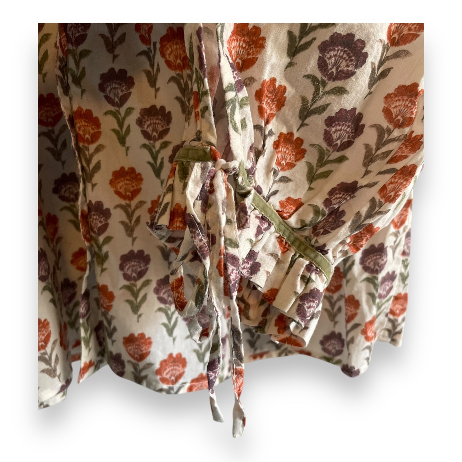 Sundance Floral Block Print Blouse Ruffle Neck Cotton Tie Cuff Top Rust Purple M