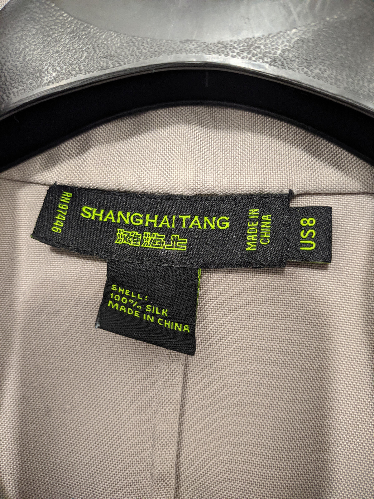 Shanghai Tang Top Womens 8 Gray Blouse Popover 100% Silk Faux Button Collar Slit