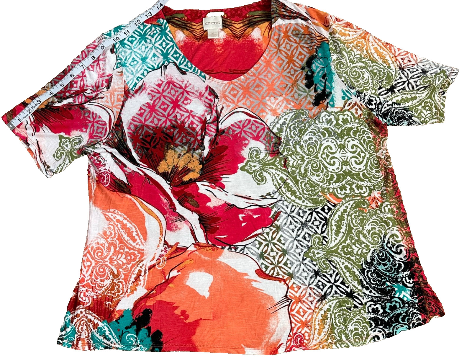 NWOT! CHICO’s Size 2 Large Summer Short Sleeve Multi-Colored T-Shirt