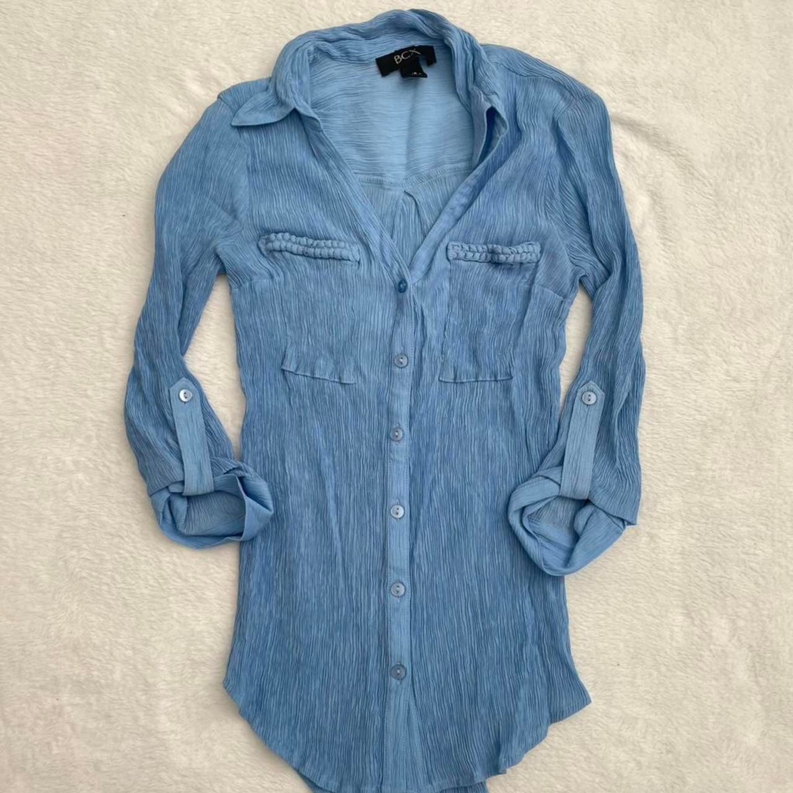 BCX Workwear Blouse Women’s XS Office Siren Button Up Corporate Blue Y2K 2000s