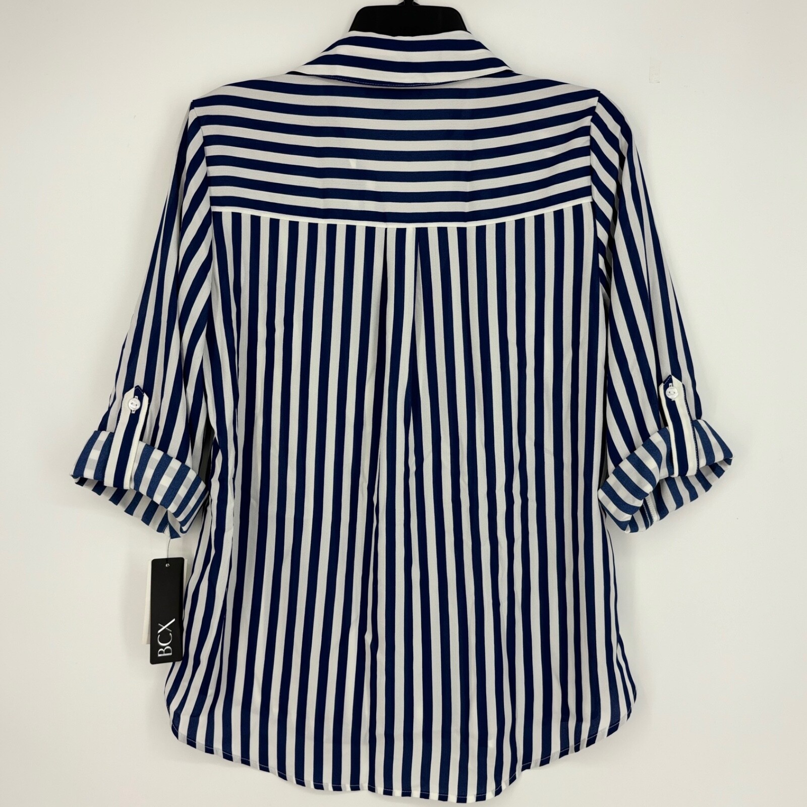 BCX Juniors Medium Button Front Shirt Blue White Stripe V-Neck Pockets Roll Tab