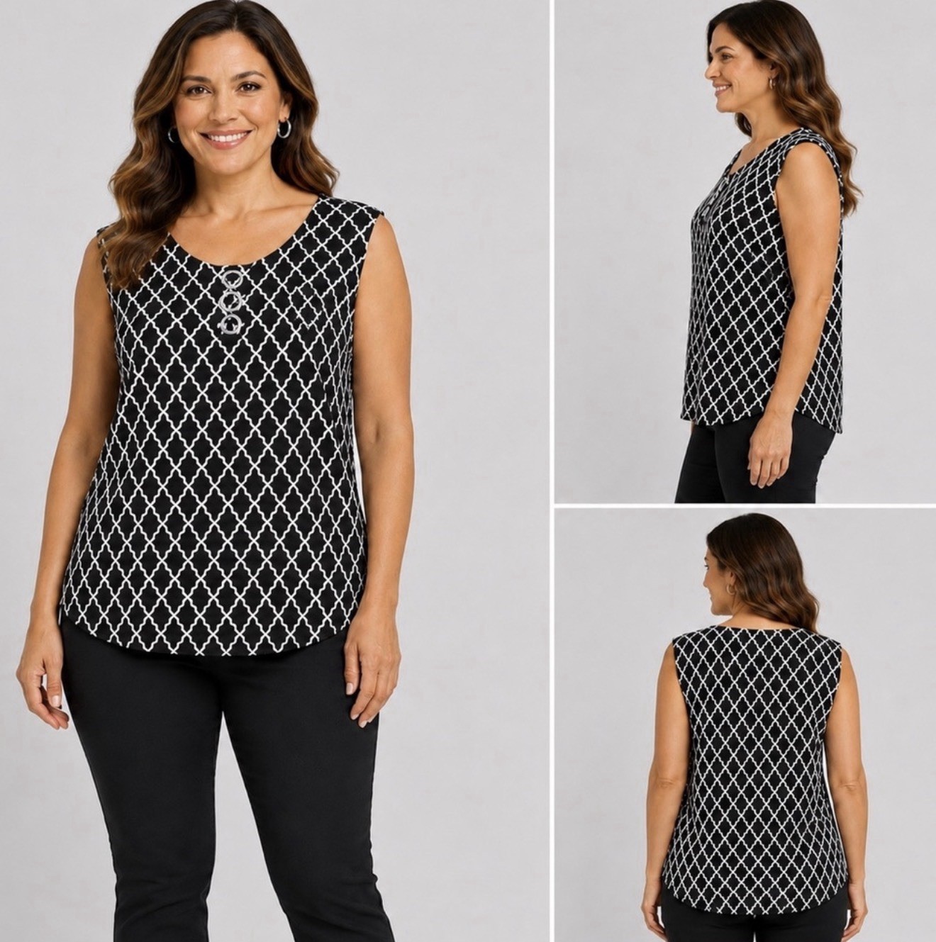 BY Design Womens XL Black White Geometric Sleeveless Top Ring Hardware NWT