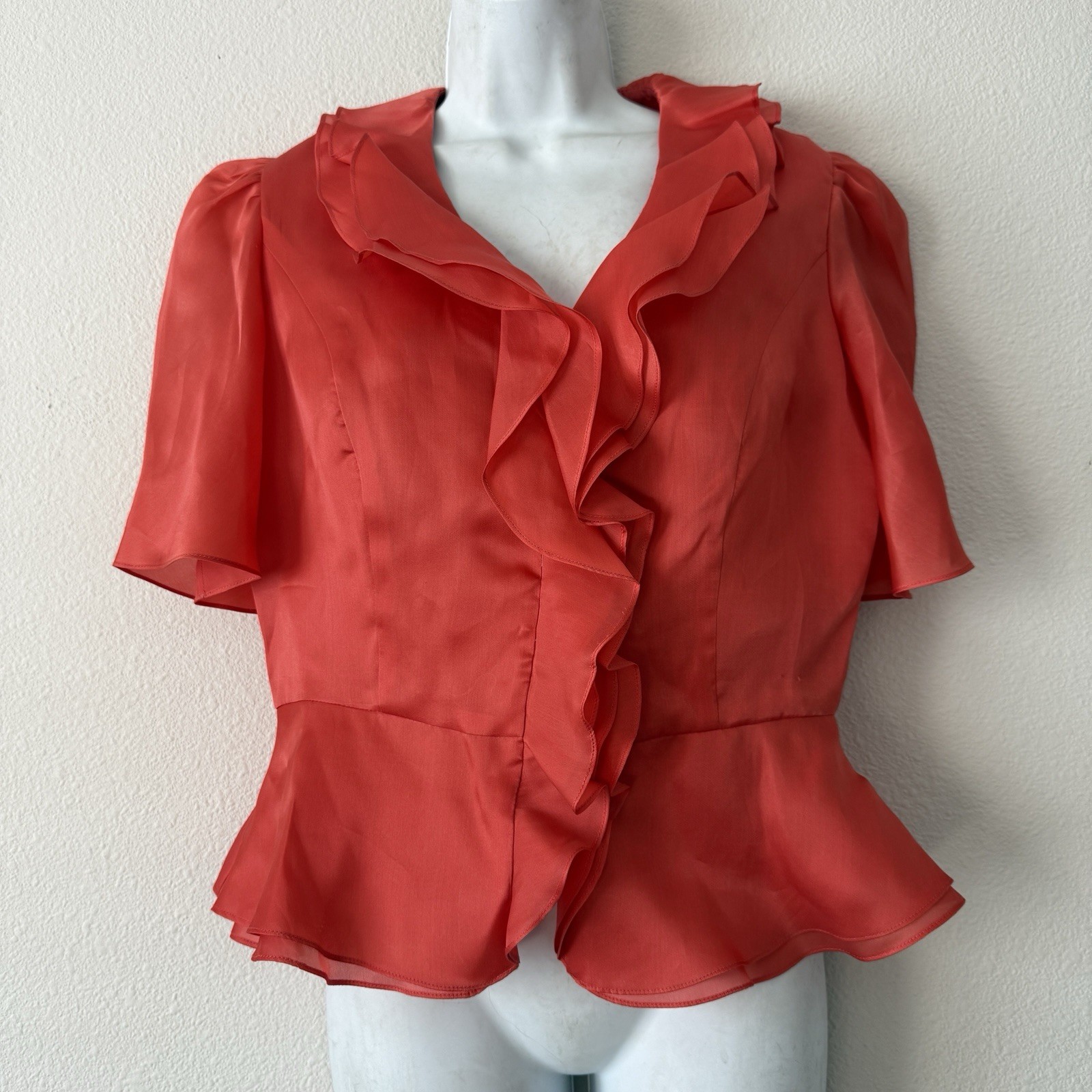 Frascara Silk Organza Ruffle Peplum Blouse Women’s 8 Red Cocktail Party Elegant