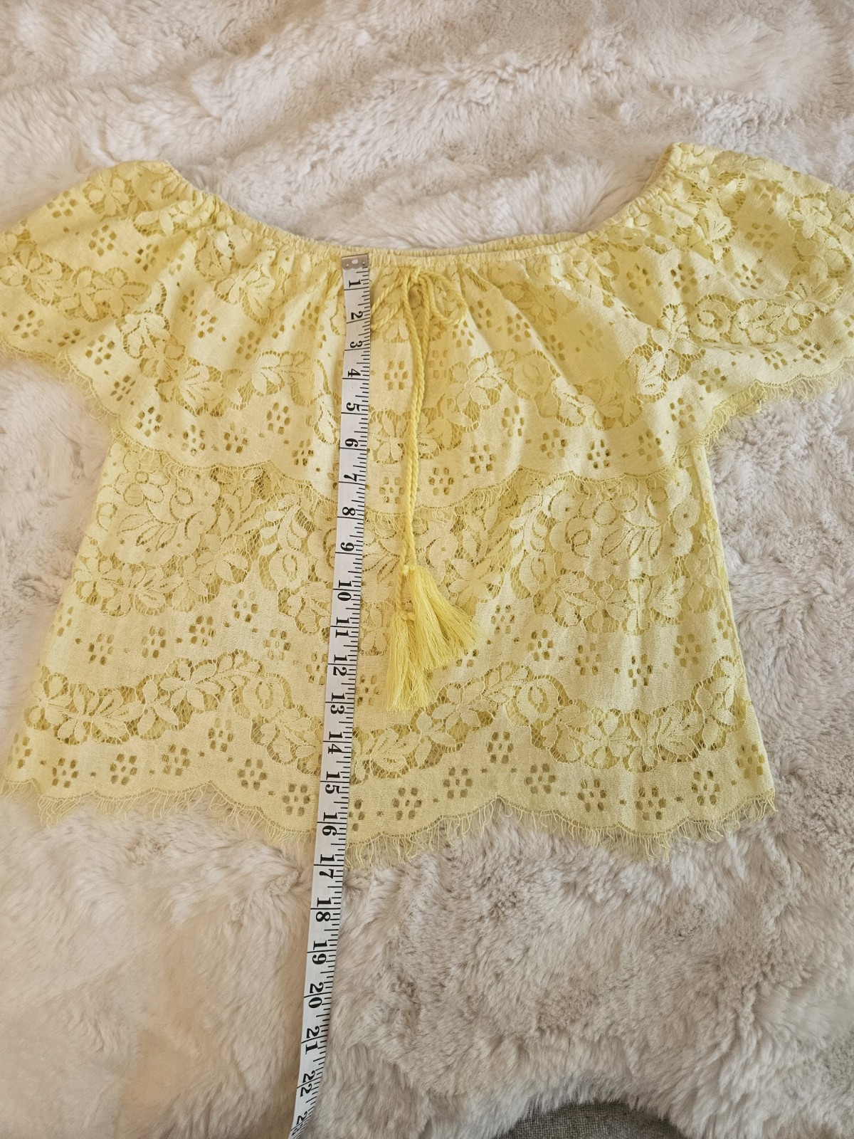 Flying Tomato Yellow Lace Off-Shoulder Boho Top With Tassels Size M