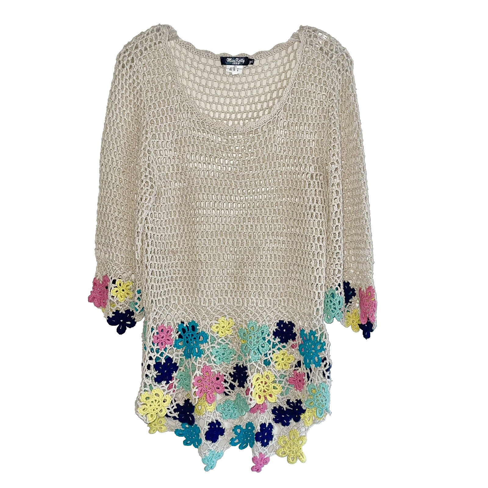 Longline Boho Crochet Top M Open Knit Cover Up Colorful Floral Hi Low Hem Tan