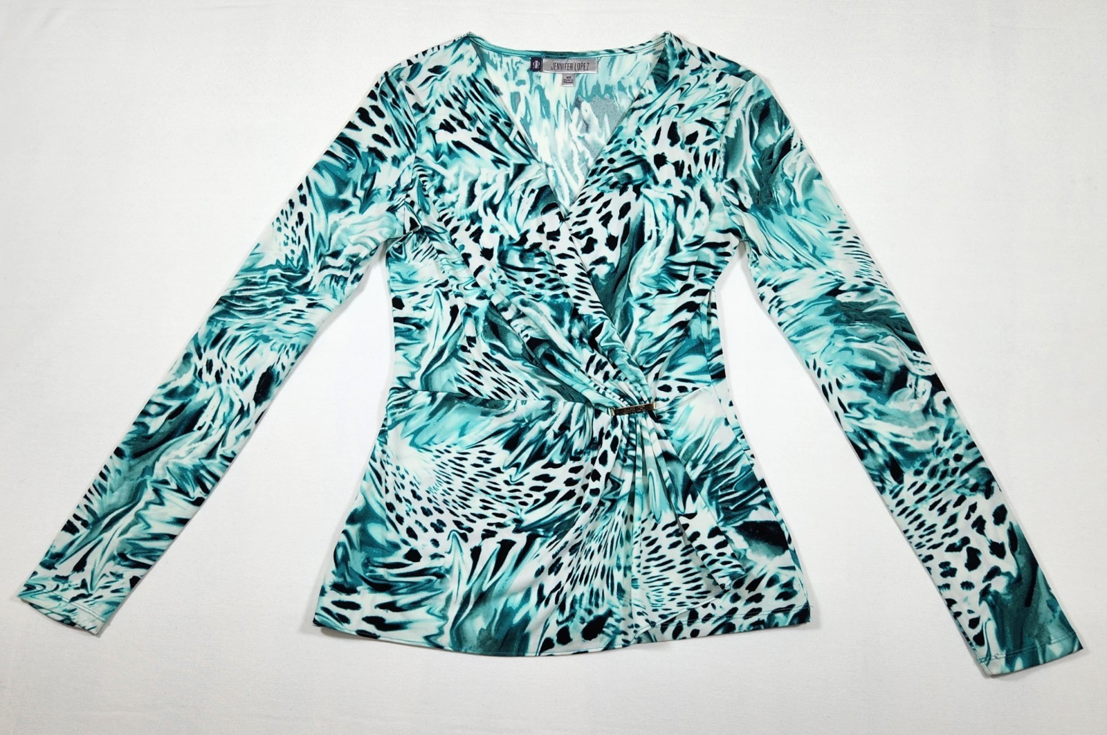 JLO Women’s Green & White Animal Print V-Neck Long Sleeve Blouse – XS