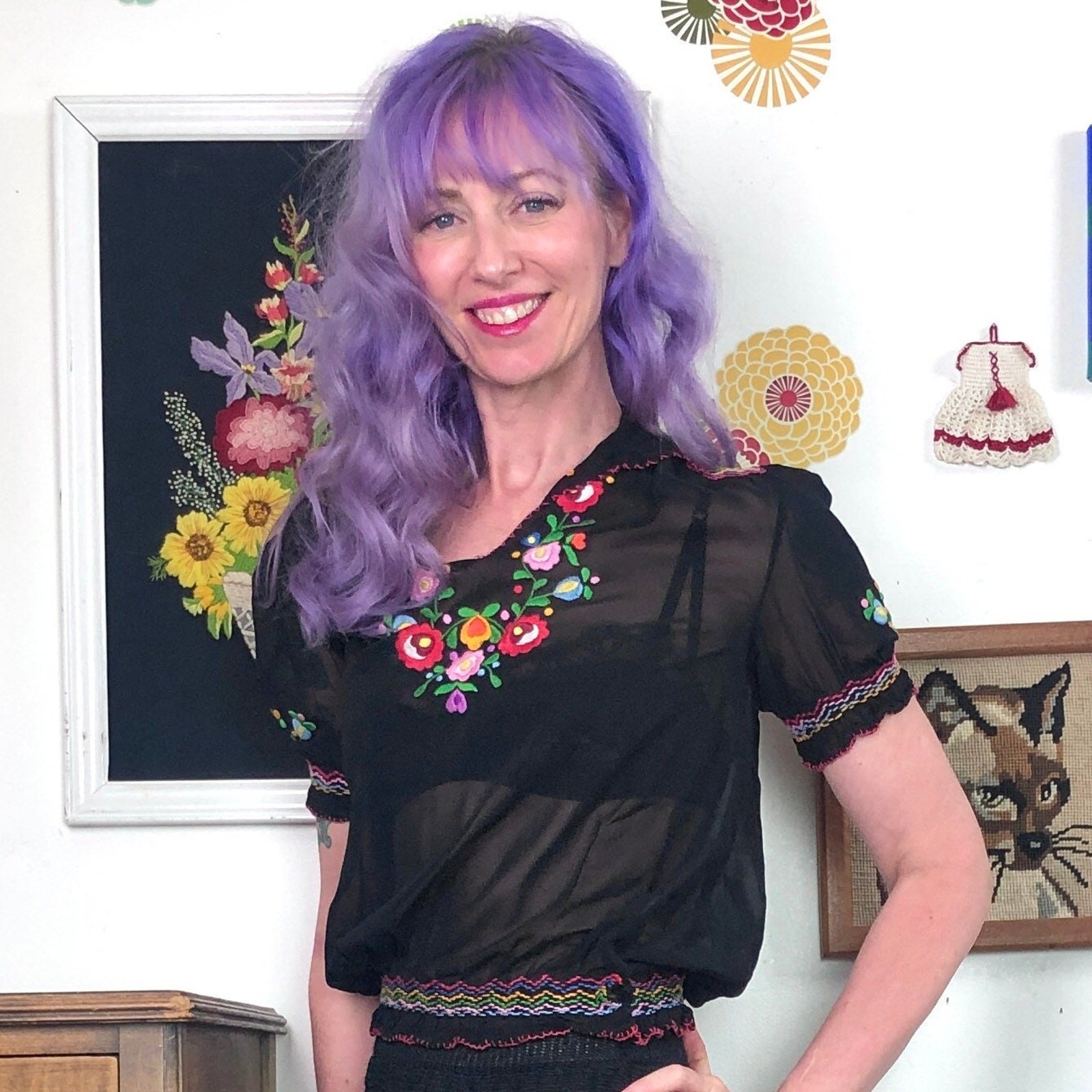 Vintage Embroidered Peasant Blouse, 1970s Sheer Black Rayon Georgette Top, XS-S