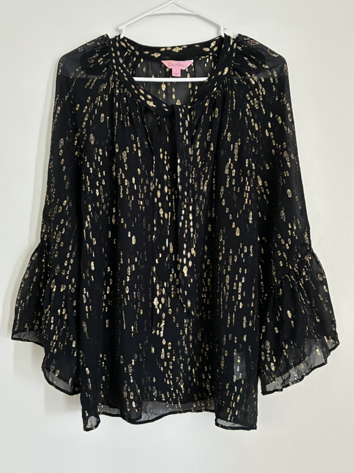 Lilly Pulitzer Matilda Metallic Black Gold Chiffon Sheer Blouse Size Small