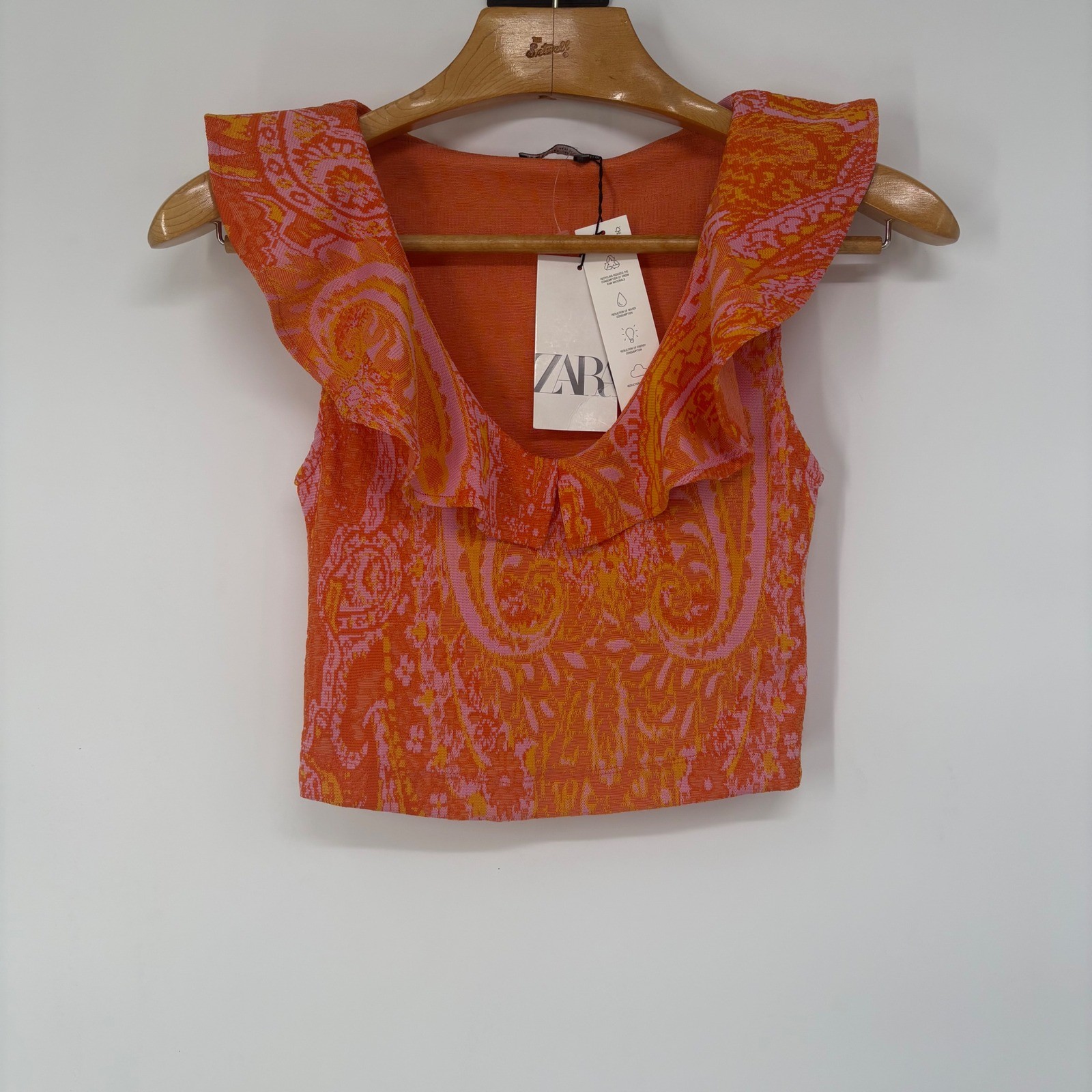 Zara Womens Orange Pink Paisley Jacquard Ruffle V-Neck Crop Top S Coquette Twee