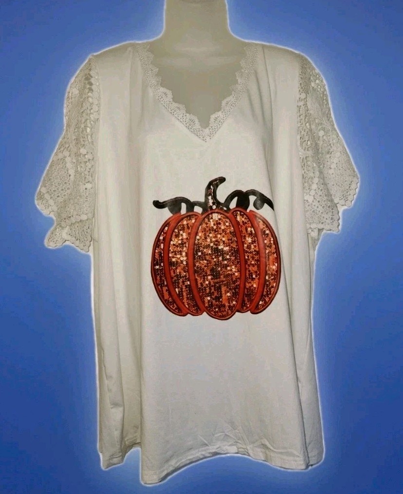 Women’s Sz 4XL Pumpkin S/S Shirt With Lace Sleeves Floral Pumpkin