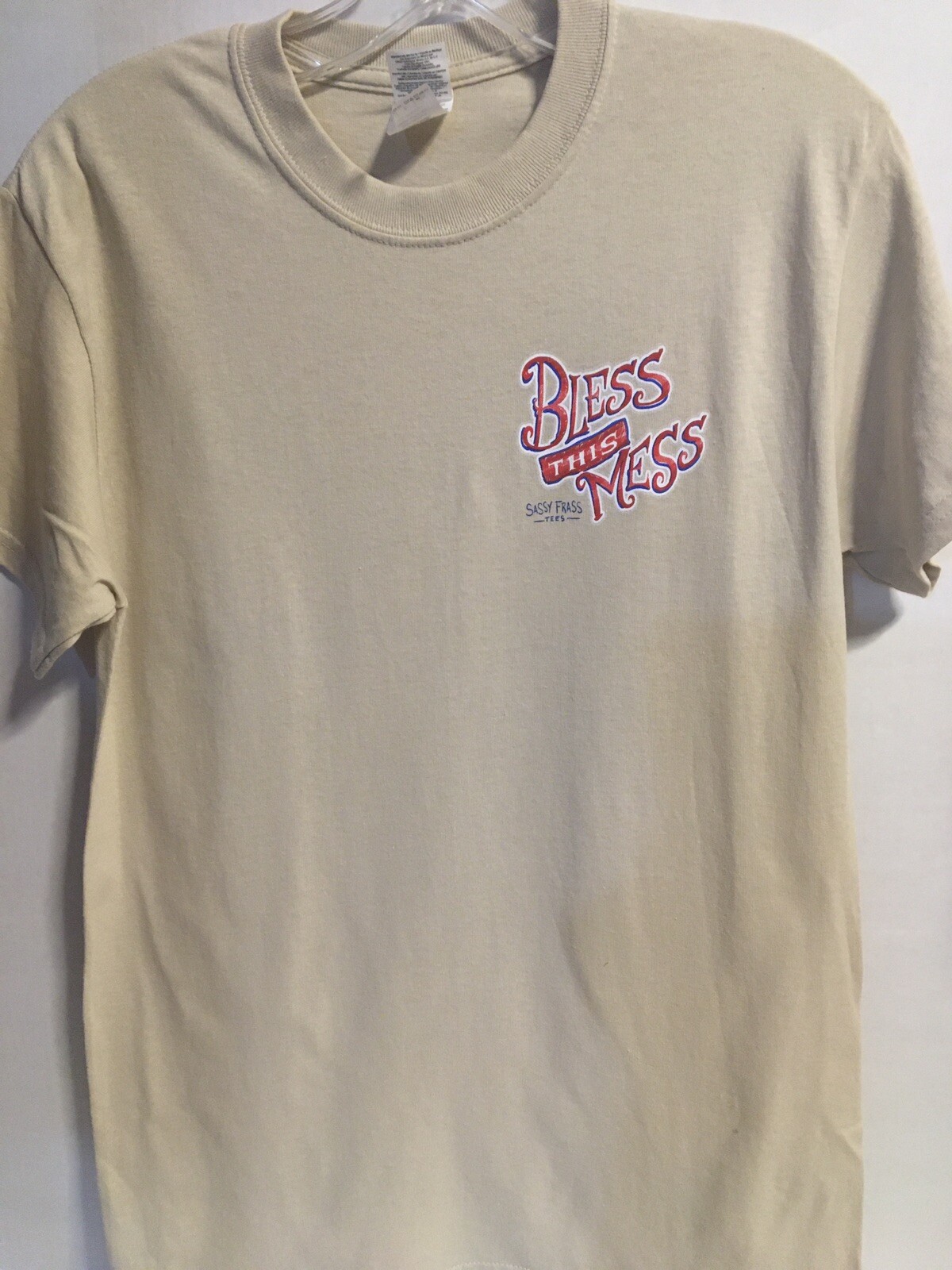 Sassy Frass Women’s Small “Bless This Mess” Graphic T-Shirt USA Tan