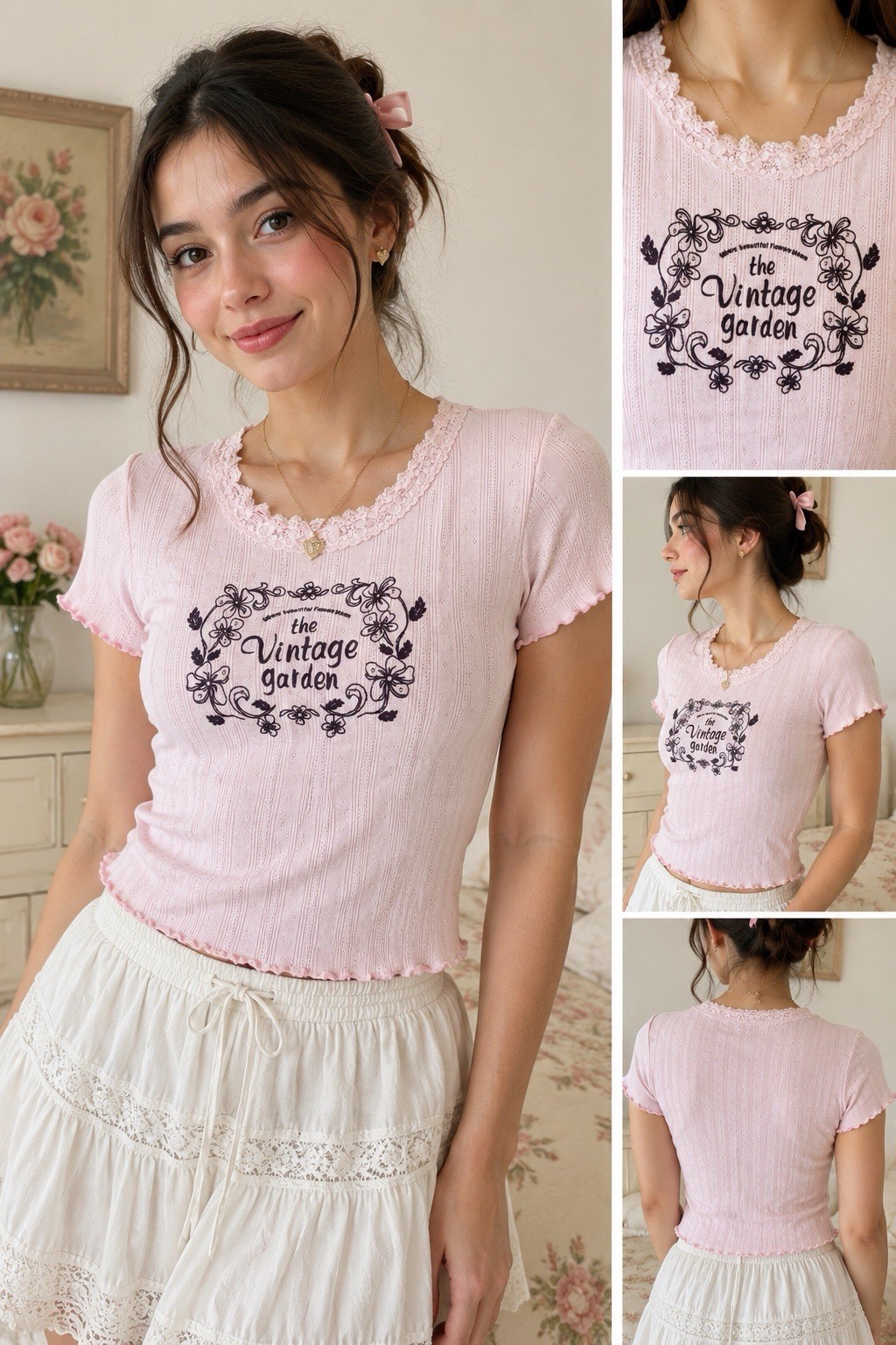 Coquette Fairycore Balletcore Vintage Garden Lace Pointelle Baby Pink Tee XS F38