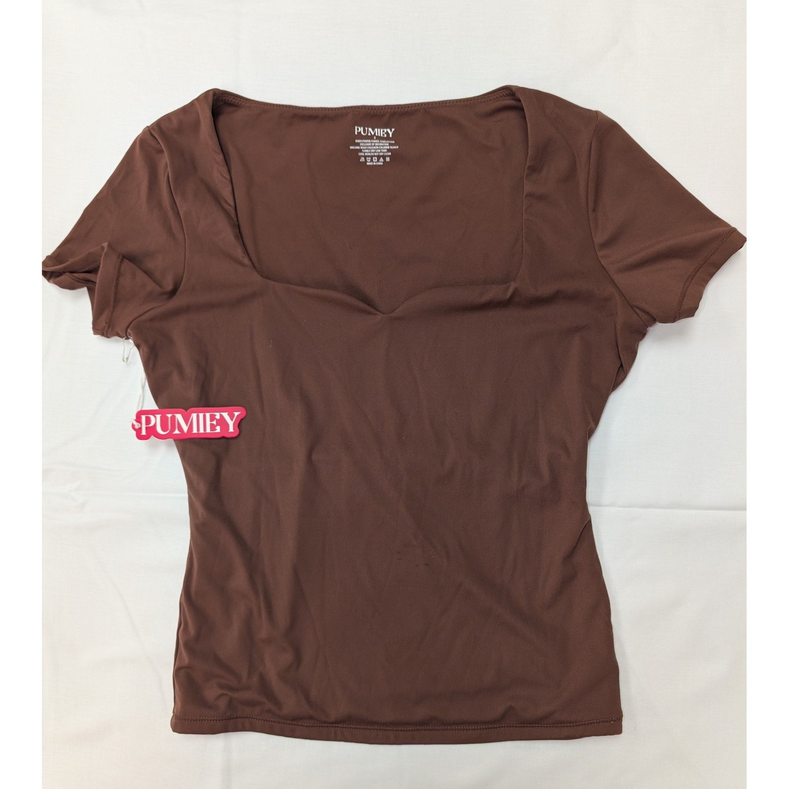 PUMIEY Brown Square Neck Short Sleeve Stretch Top Women’s Small NWT