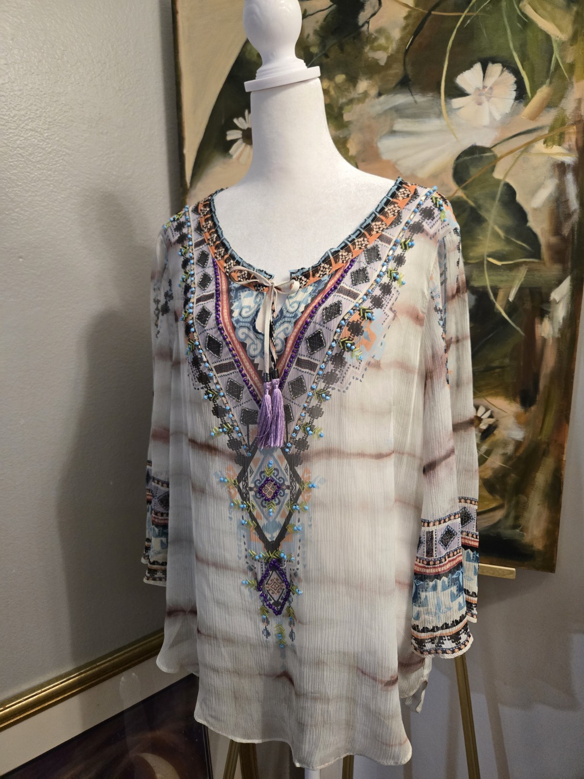Hale Bob Women’s Wearable Art Silk Crinkle Chiffon Beaded Detail Blouse Size M