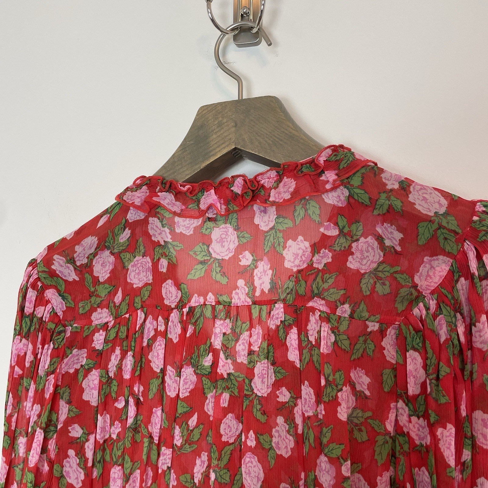 THE KOOPLES Floral Rose Button Down Sheer Victorian Blouse Sz 1 S Small Silky