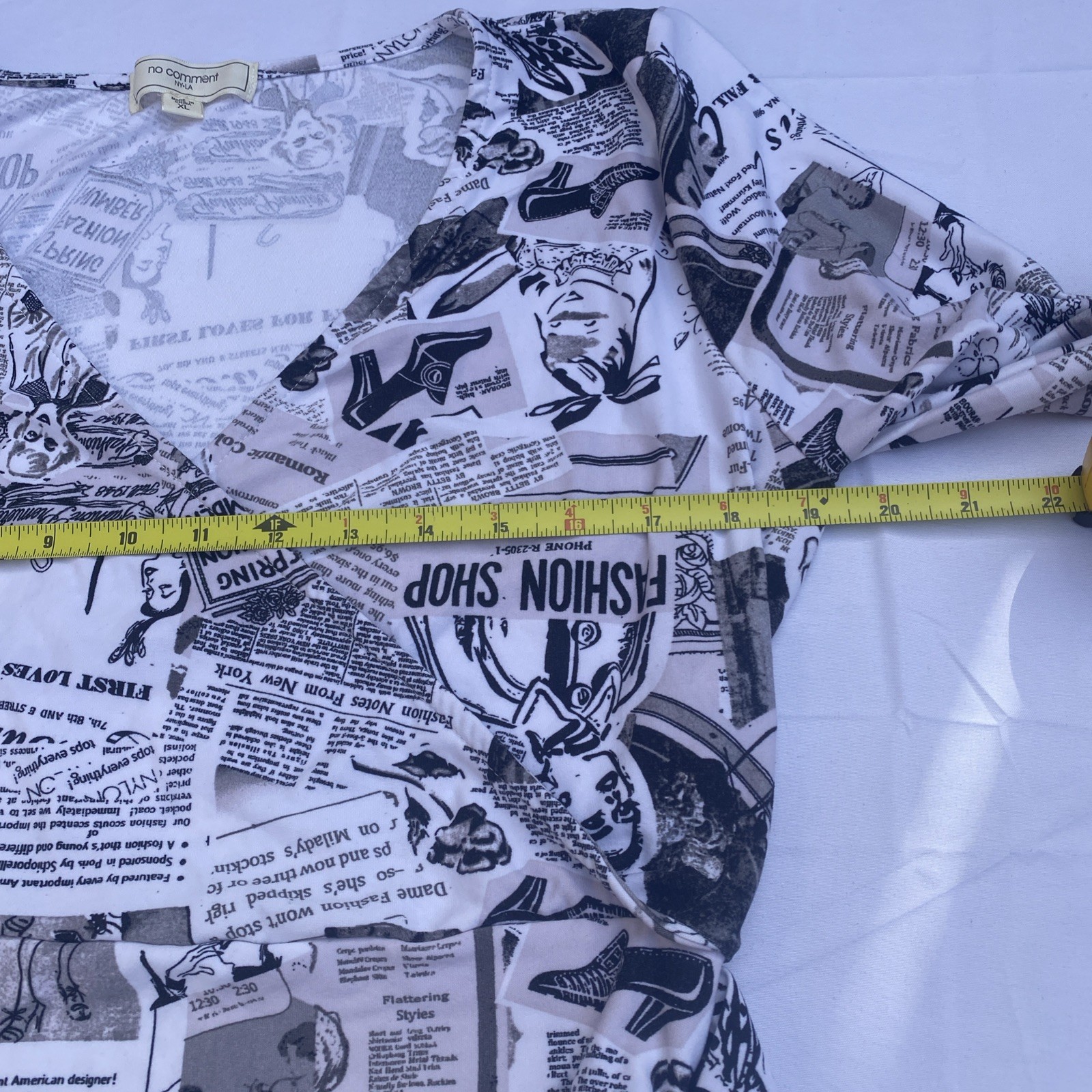 No Comment NY LA Wrap Blouse Sexy Newspaper Print Knit Tie Top Shirt XL