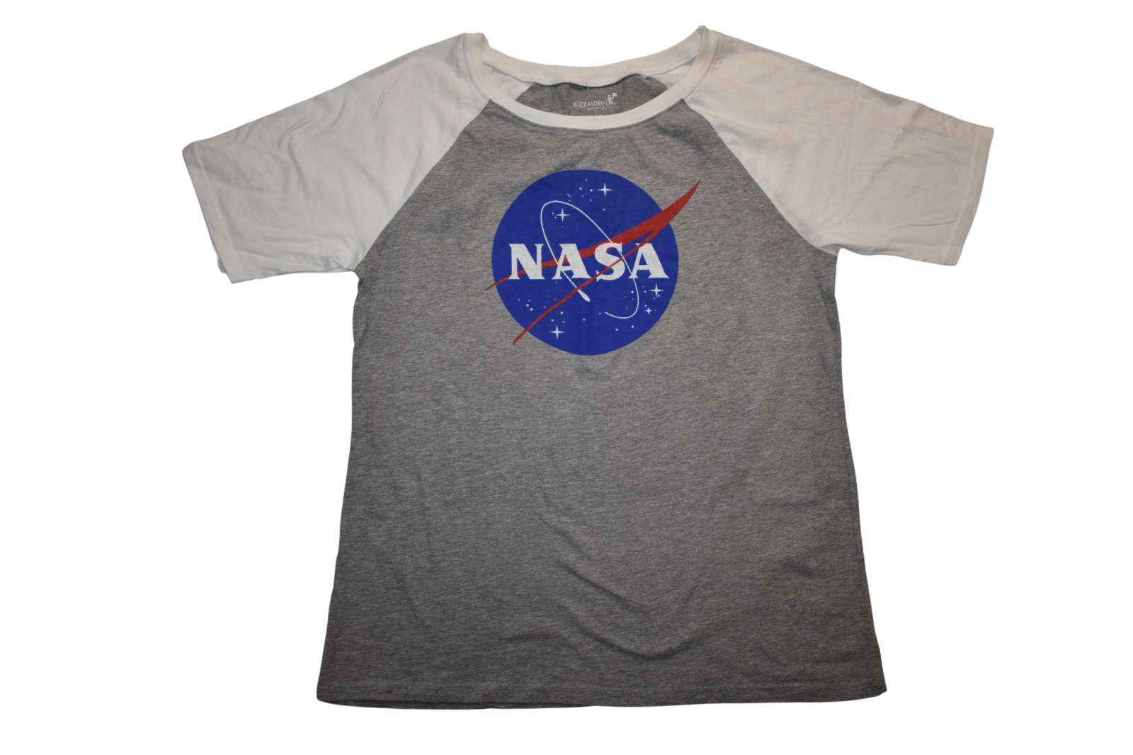 Buzz Aldrin Womens NASA Space Logo Gray & White Shirt NWT L