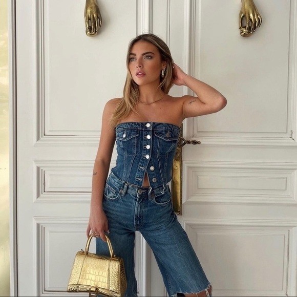 Zara Women Blue Denim Strapless Corset Button Front Smocked Back Medium Wash