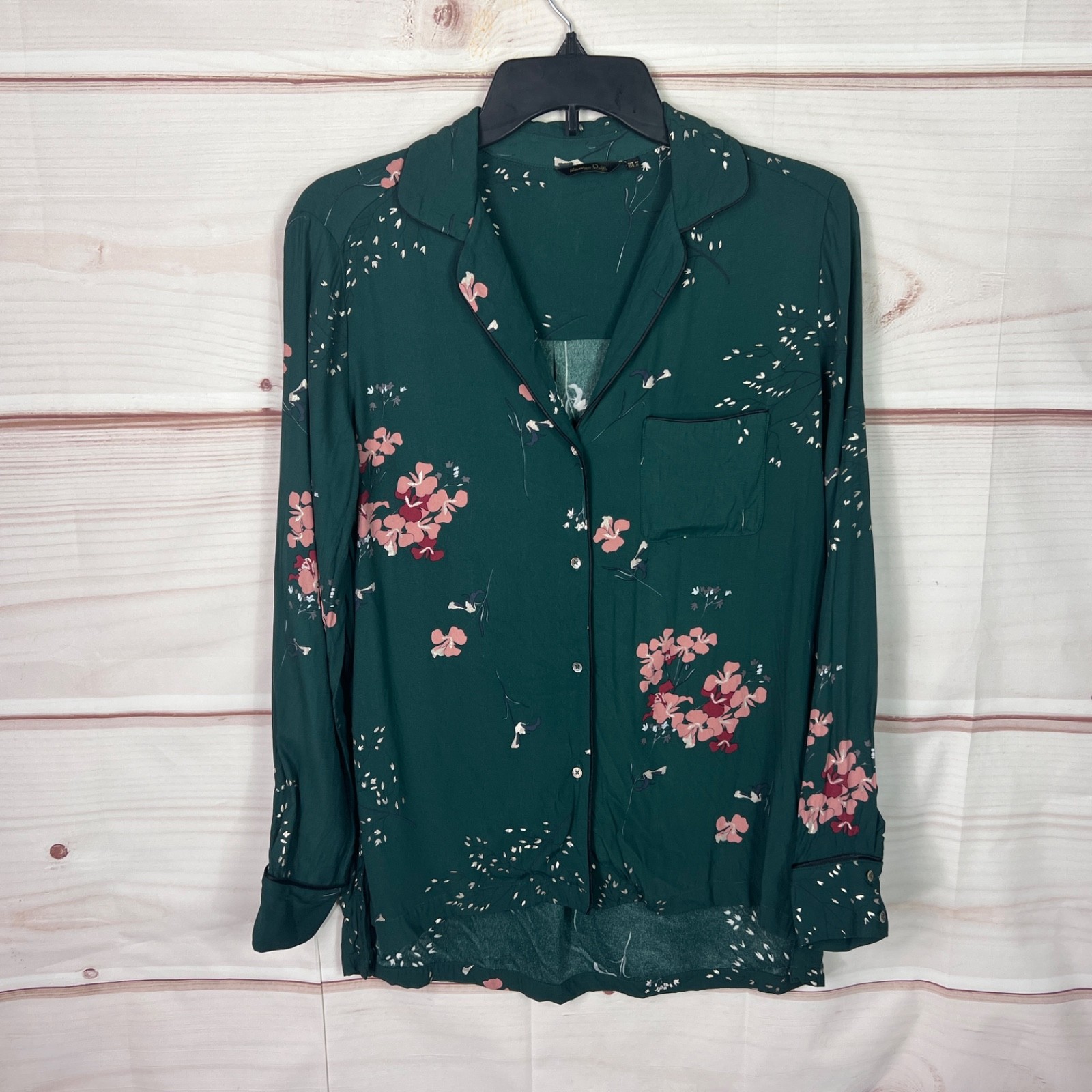 Massimo Dutti Top Womens US 6 Green Floral Shirt Button Up Long Sleeve Woven