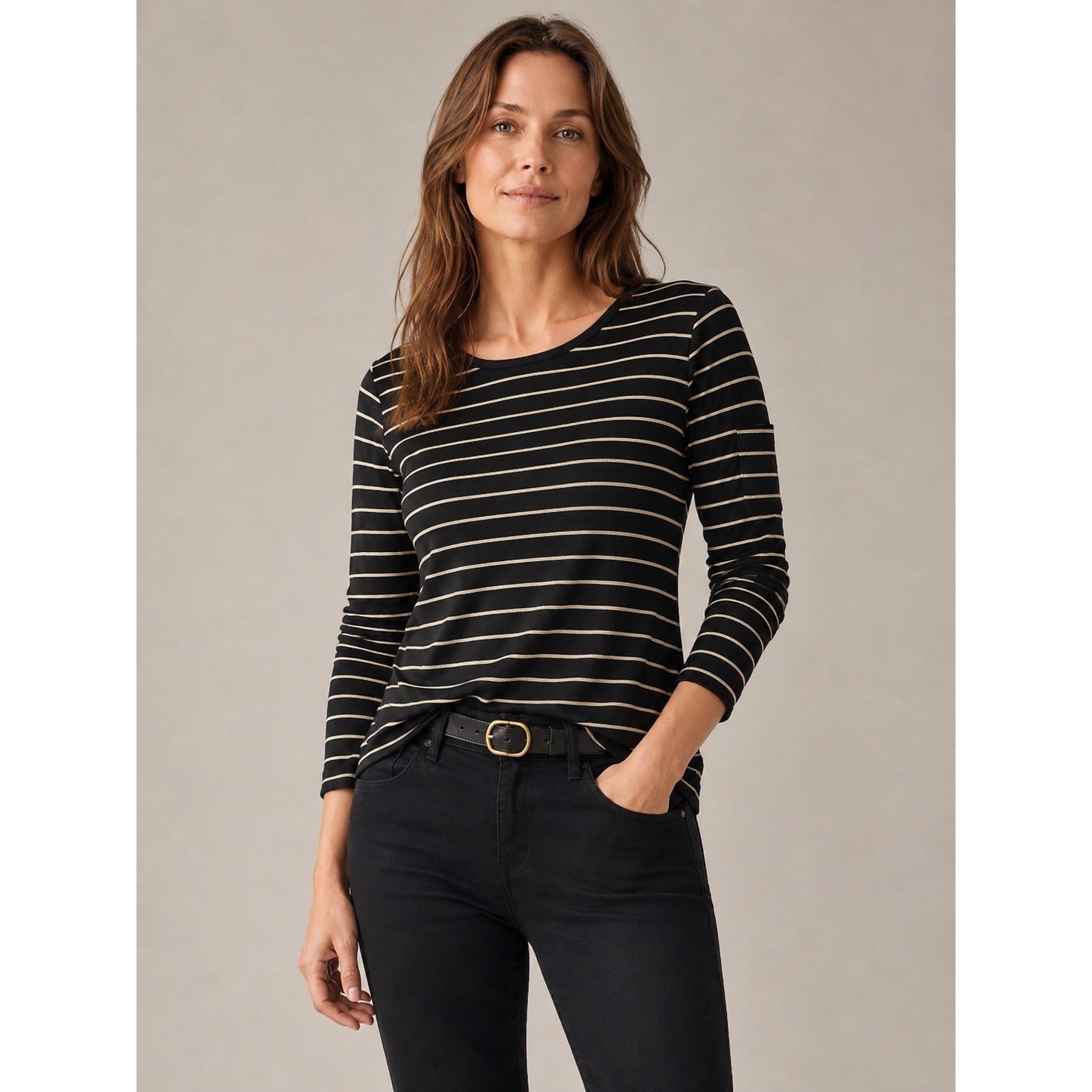 Lauren Ralph Lauren Womens Top M Black Gold Striped Metallic Long Sleeve Preppy
