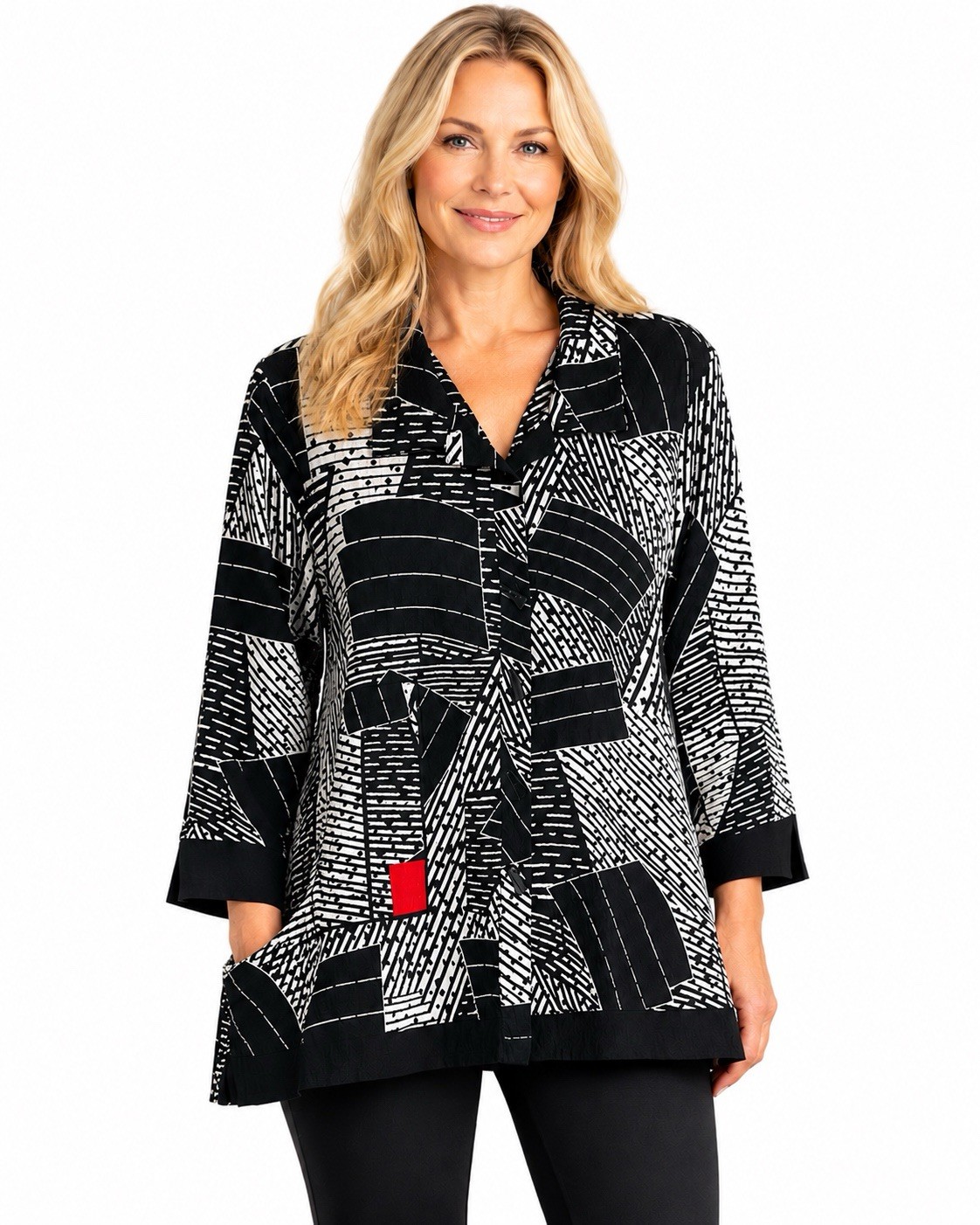 Ali Miles XL Black White Abstract Tunic Top Button Front 3/4 Sleeve Lightweight