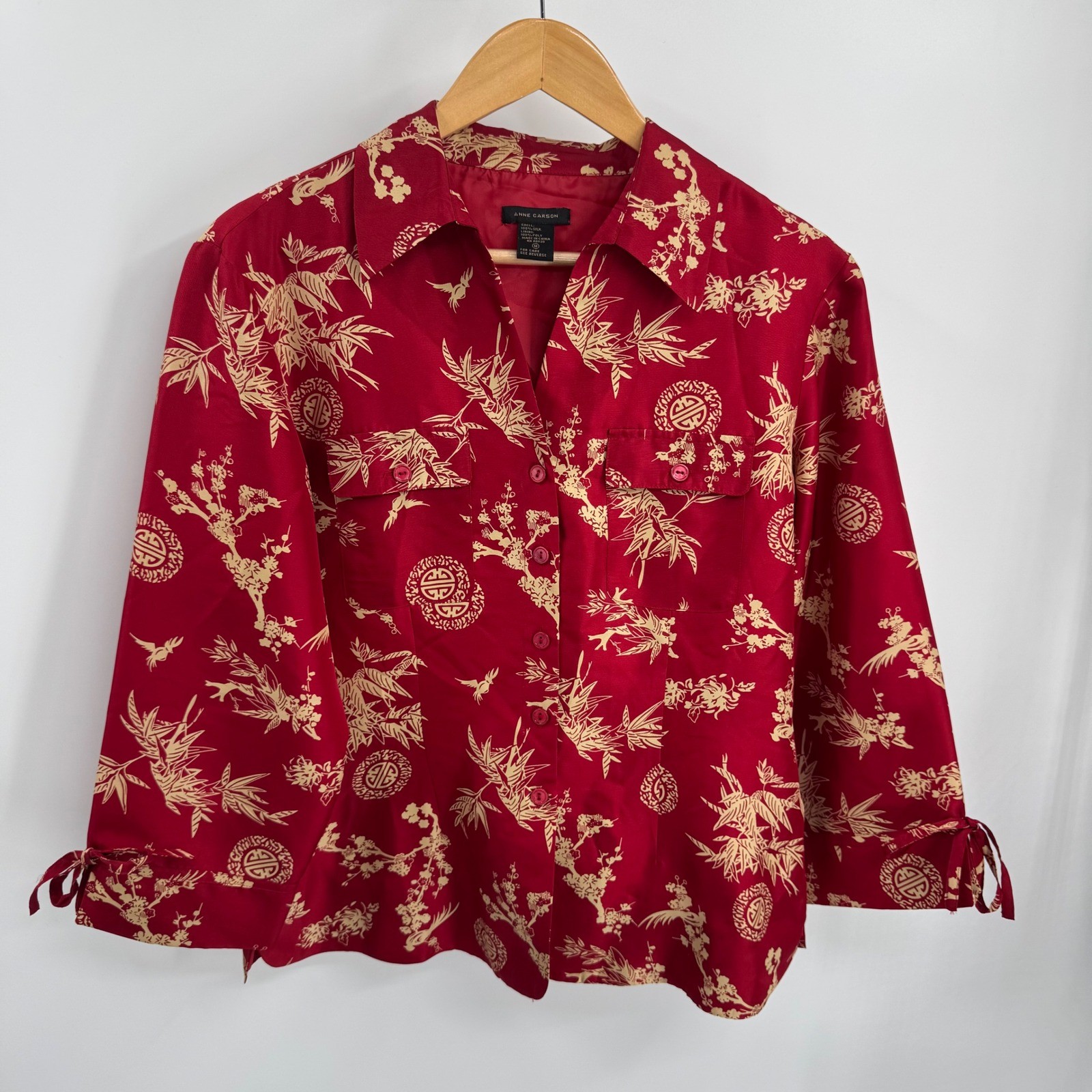 Vtg Anne Carson Silk Blouse Womens M Red Gold Asian Inspired 3/4 Sleeve Tie Cuff
