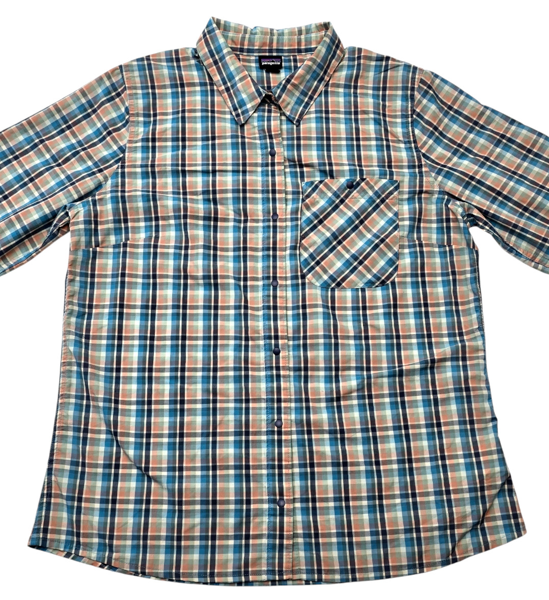 Patagonia Womens L Long Sleeve Snap Button Outdoor Hiking Shirt Pink Blue Check
